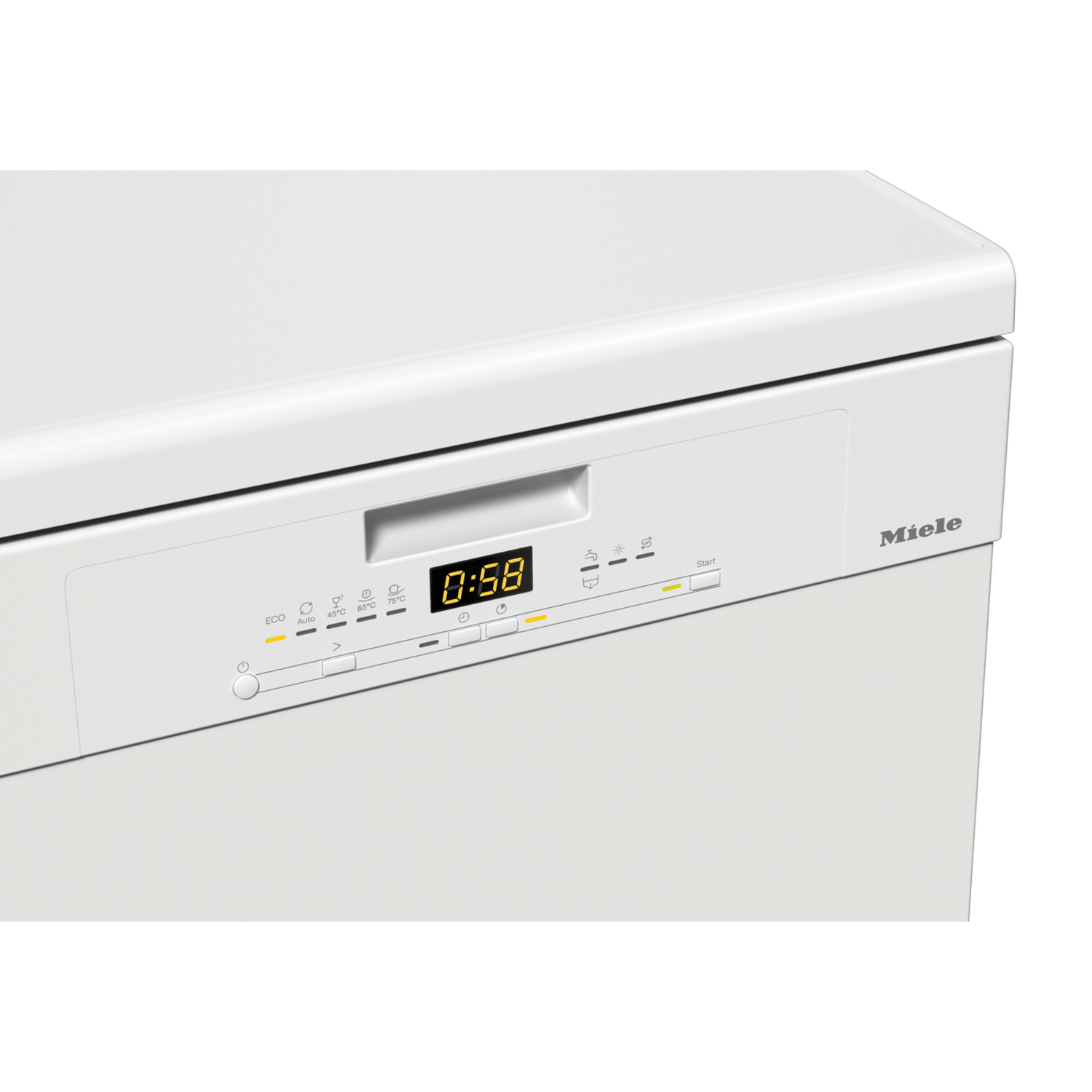 A white Miele dishwasher control panel displays '0:58.' Buttons for eco, auto, temperature settings, and start are visible.