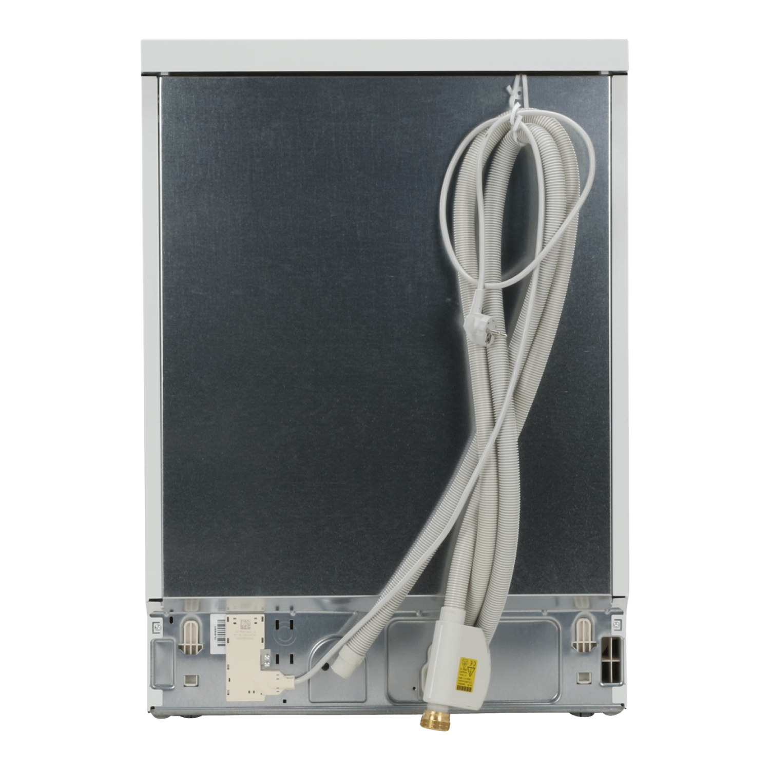 Rear view of a dishwasher. It has a grey metal back, a white hose, and a white frame. It is isolated on a white background.