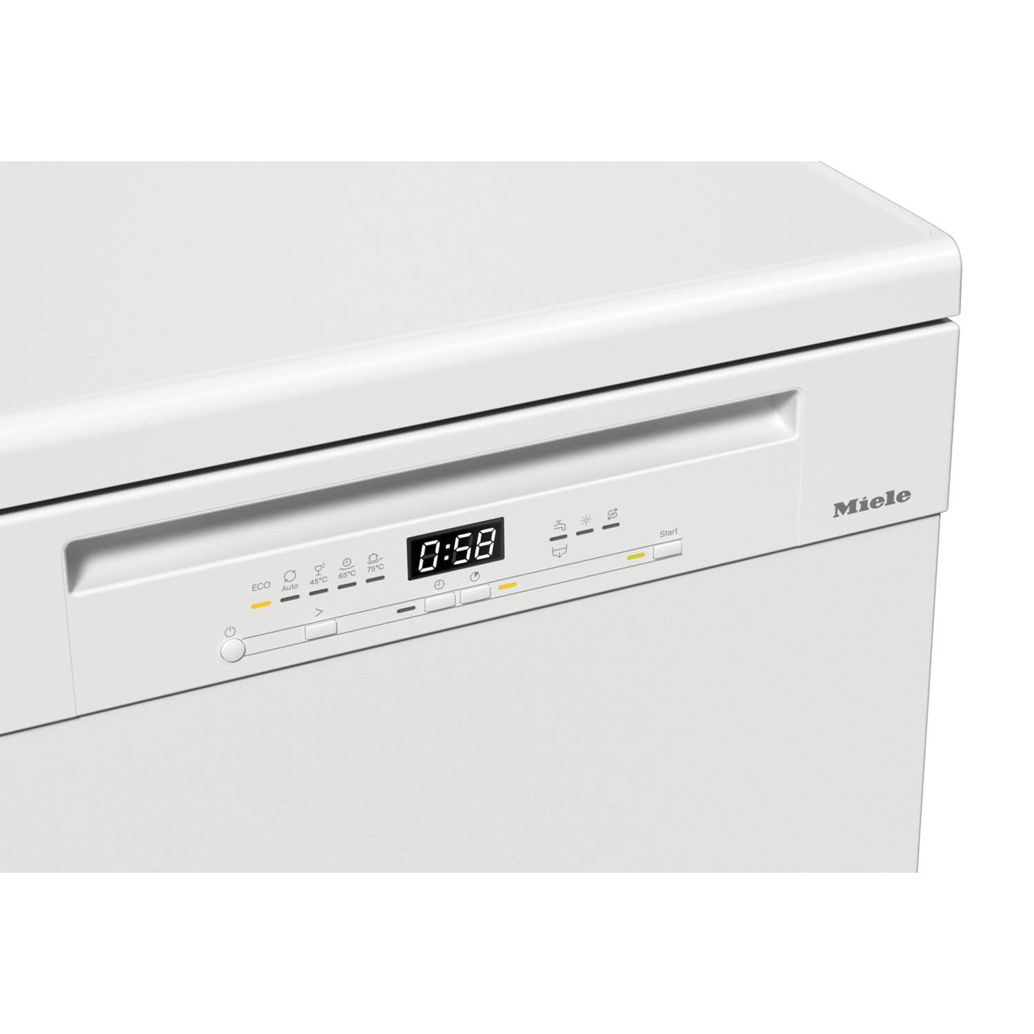 Lave-vaisselle Miele blanc. Il affiche 0:58 sur un écran numérique. Panneau de contrôle avec boutons Eco, Auto et réglages de température.