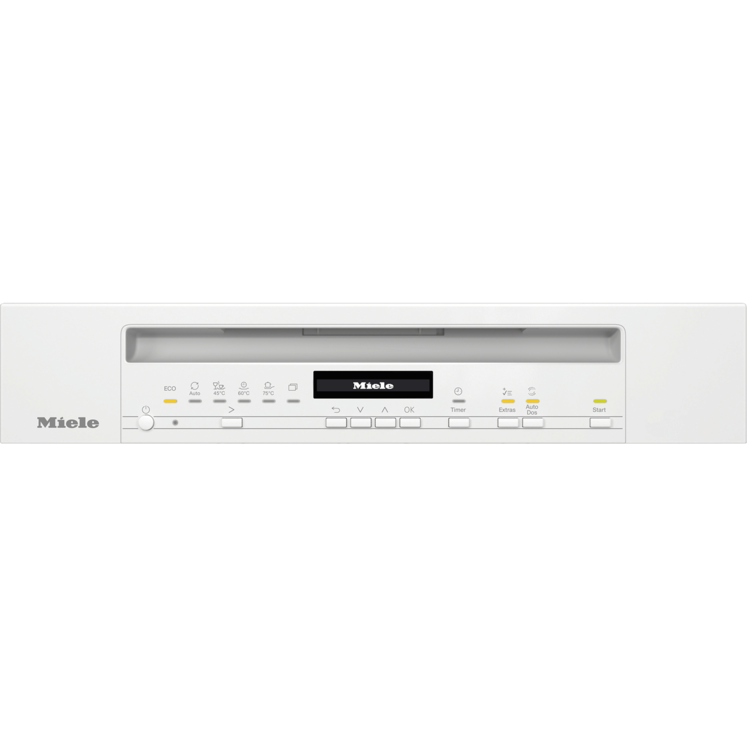A white Miele dishwasher control panel. It has buttons for eco, auto, timer, extras, and start. The Miele logo is visible.