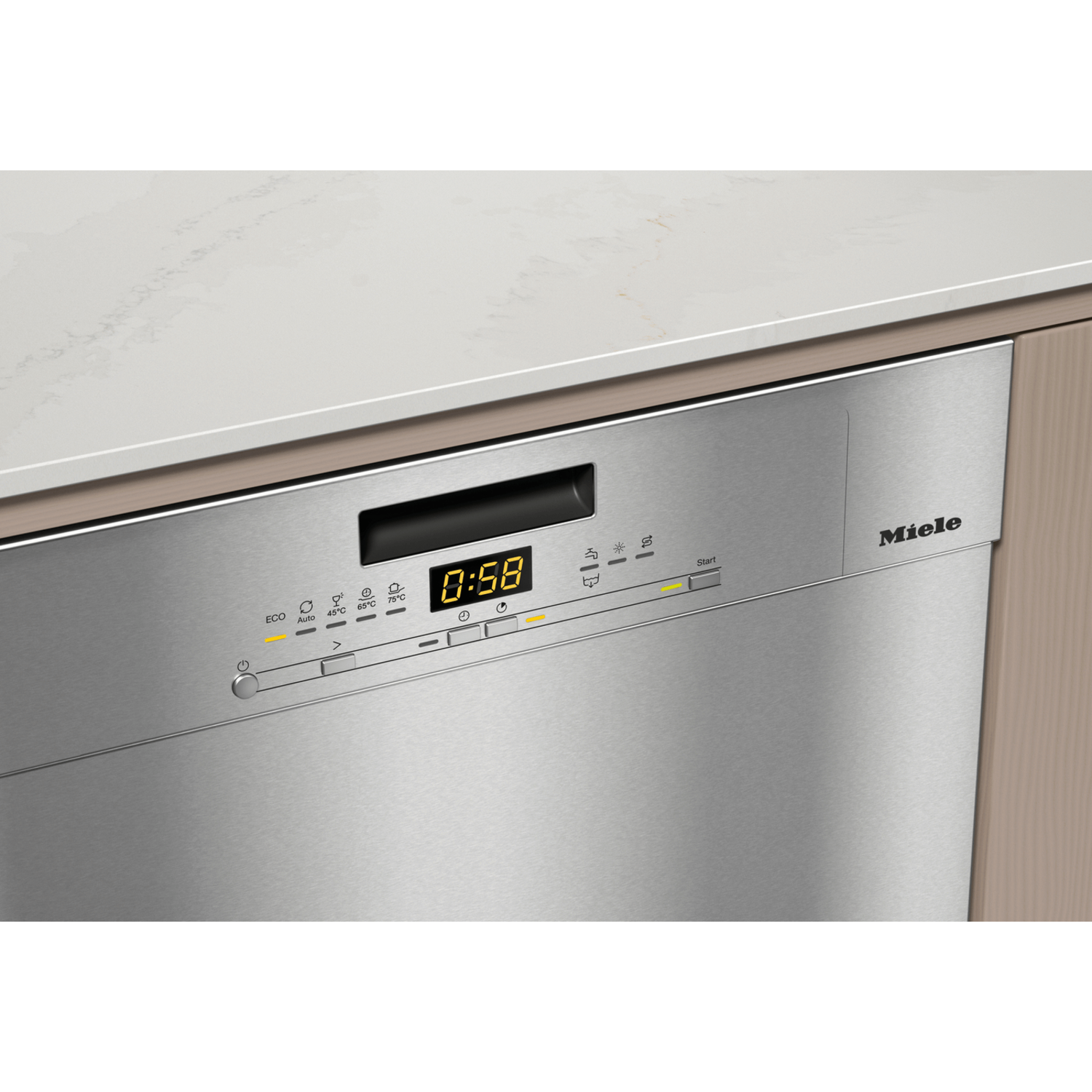 A stainless steel Miele dishwasher with a digital display showing 0:58. Controls and indicators are visible.