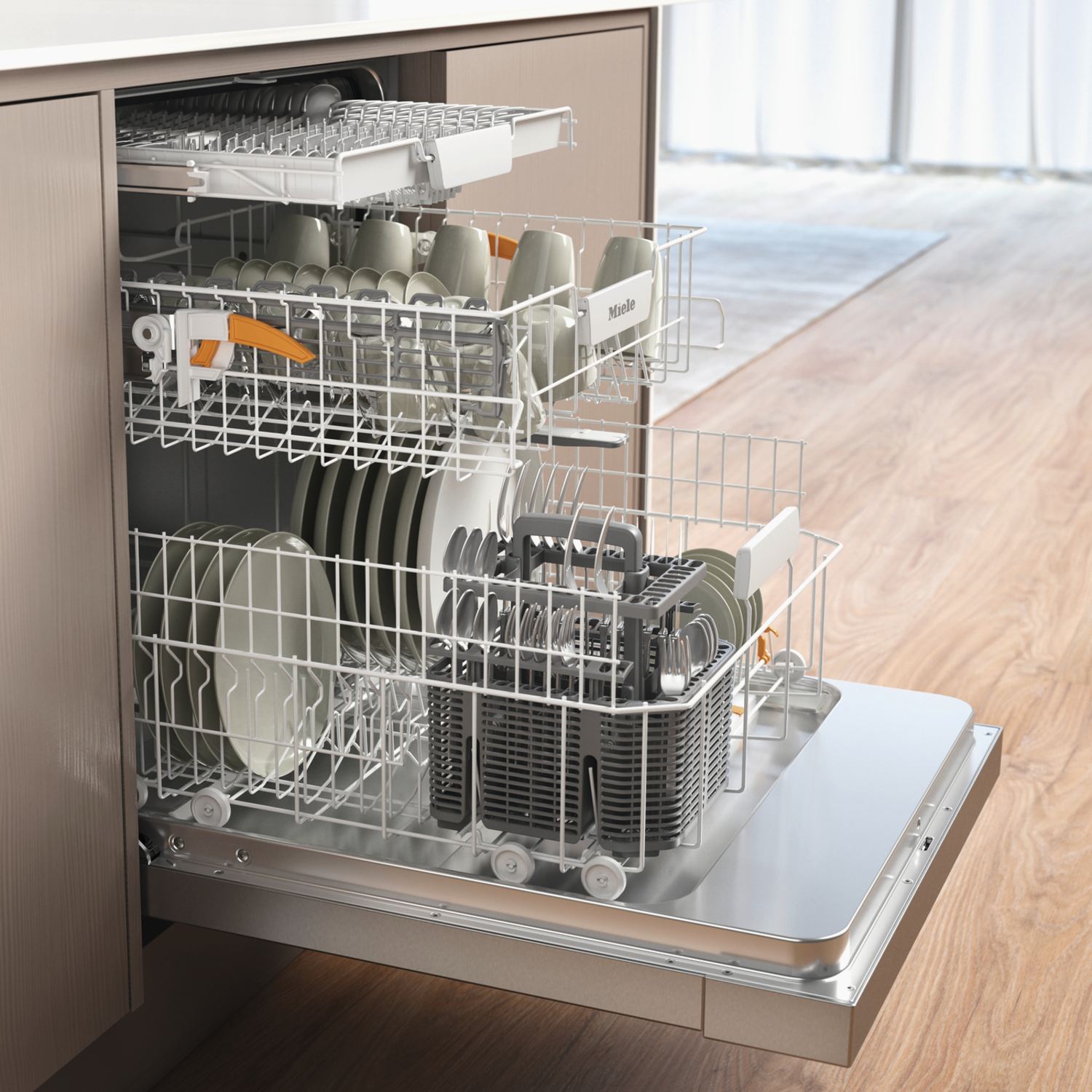 An open dishwasher loaded with dishes, cups, and utensils. The interior is stainless steel, the exterior is wood.