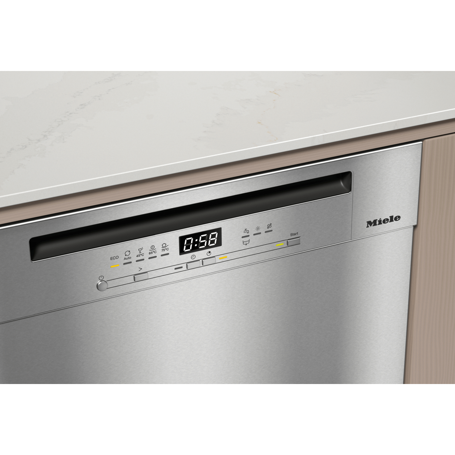 A stainless steel Miele dishwasher with a digital display showing 0:58. Buttons and icons are visible on the panel.