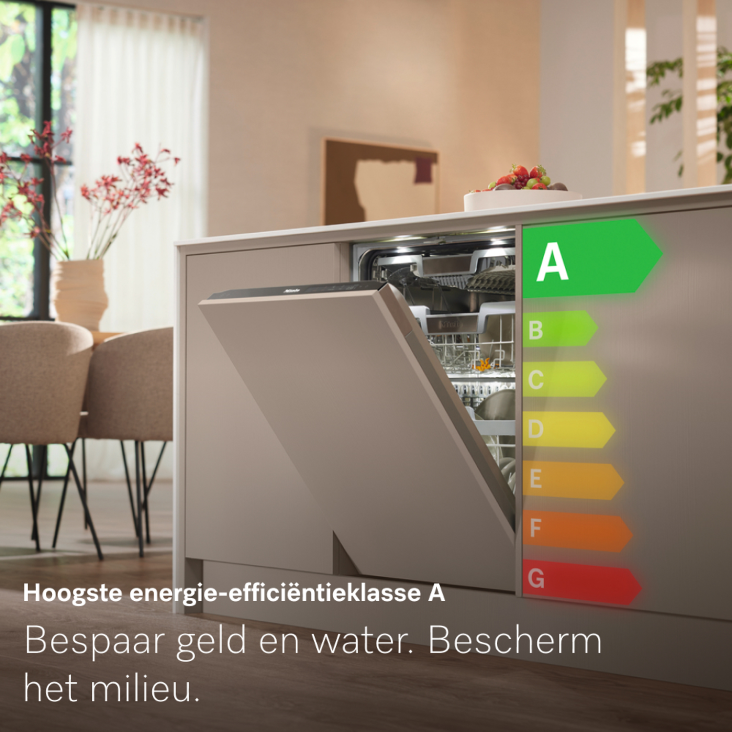 A dishwasher with an open door. An energy efficiency label shows 'A'. Fruits are on the countertop. Text says 'Save money and water'.