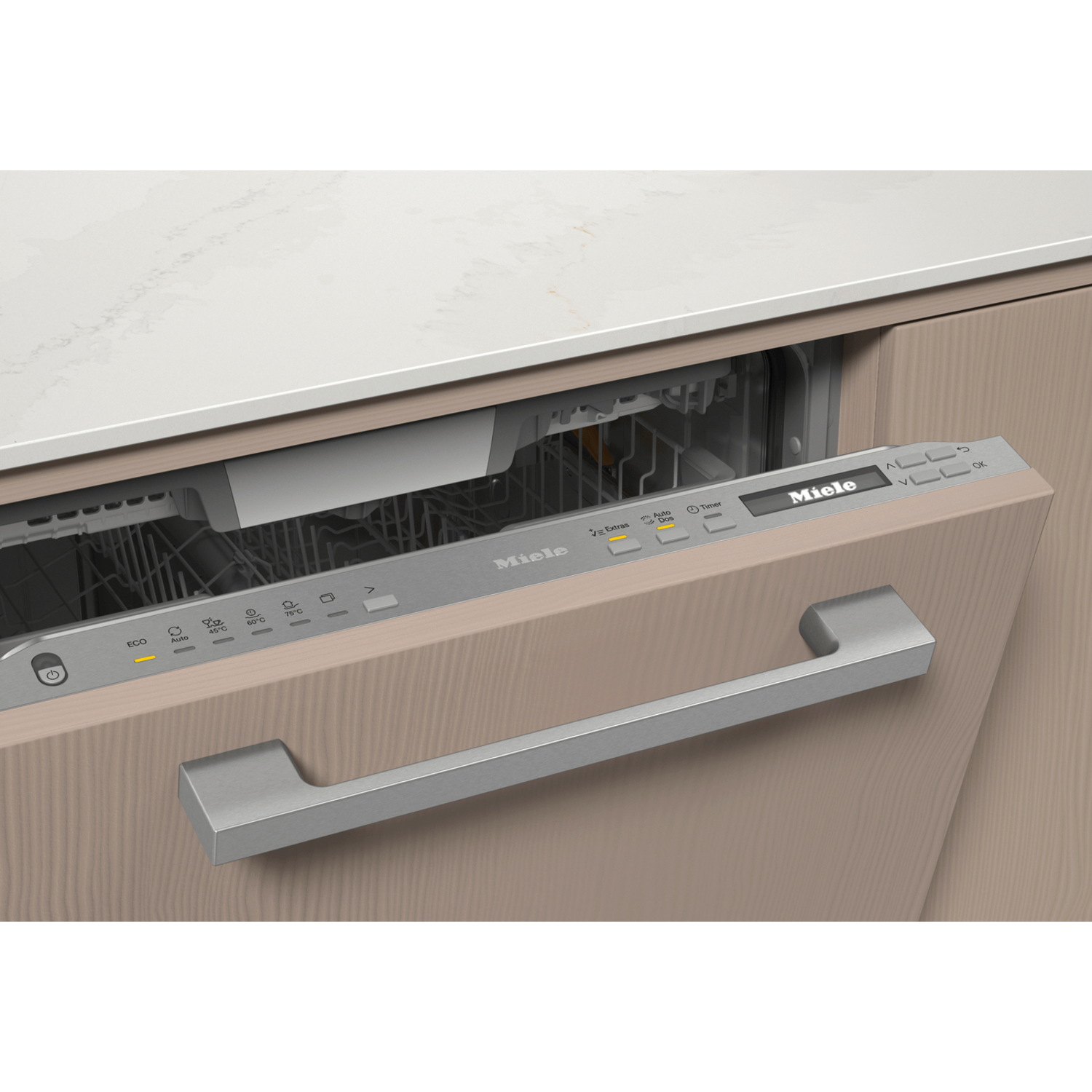 A Miele dishwasher is open, revealing interior racks. The control panel has labeled buttons. The handle is silver.