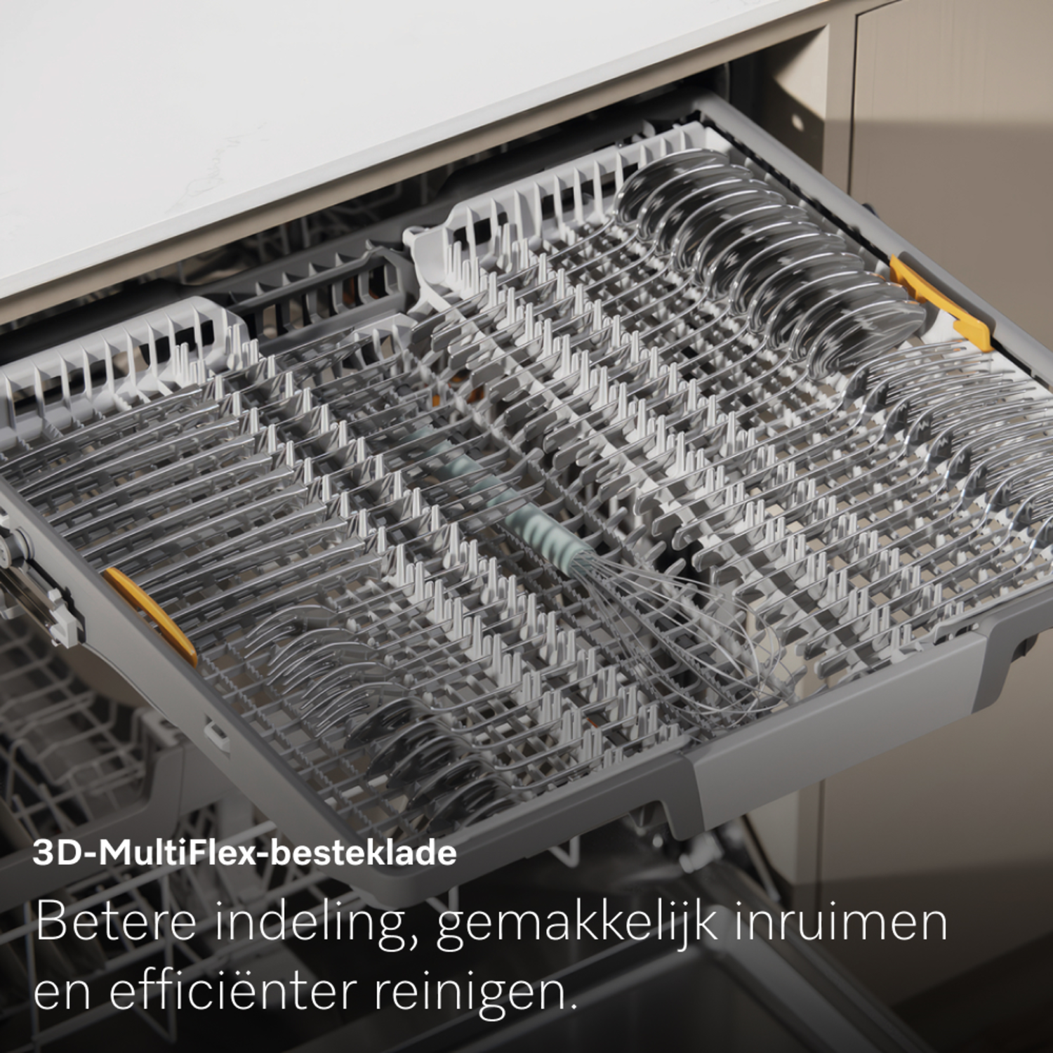 Dishwasher drawer with silverware and utensils. The drawer is open, showcasing organized compartments for various items. Silverware is visible.