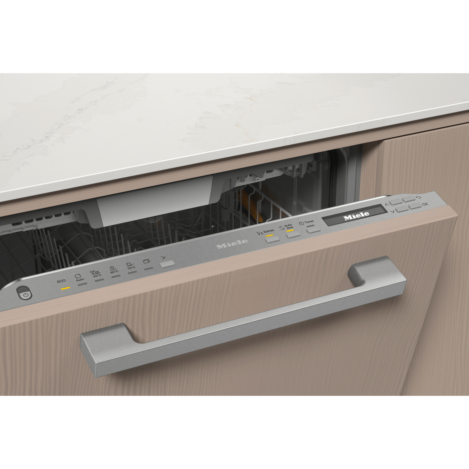 A Miele dishwasher door is open. Controls include ECO, Auto, and temperature settings. Stainless steel handle and logo are visible.