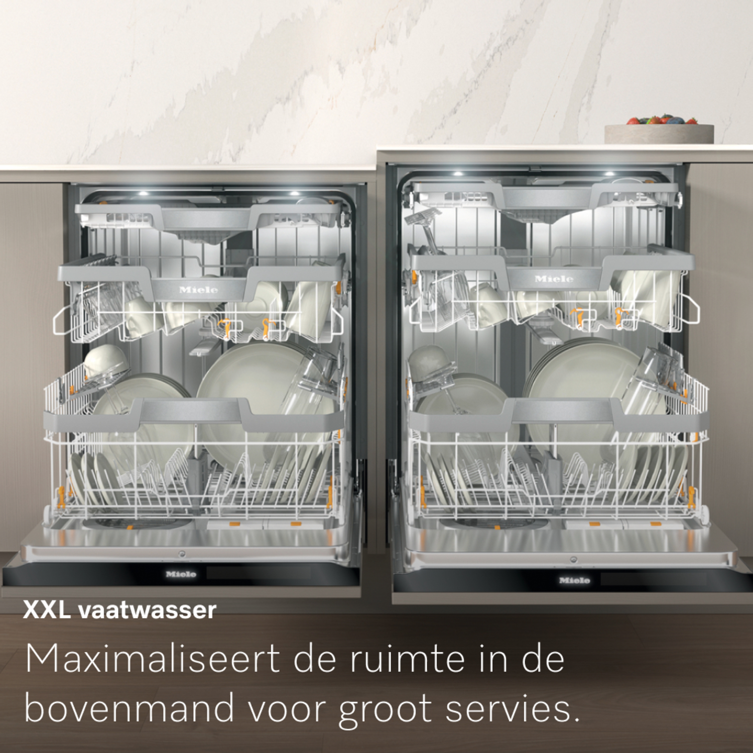 Two open Miele dishwashers showcasing clean dishes. The text below says XXL dishwasher and maximizes space for large dishes.