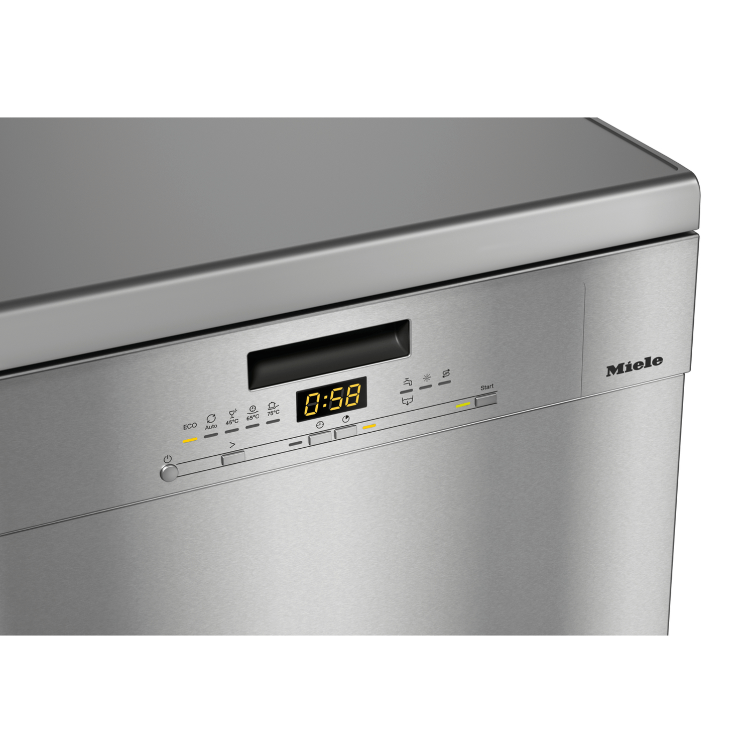 A stainless steel Miele dishwasher control panel displays 0:58, with buttons for eco, auto, and temperature settings.