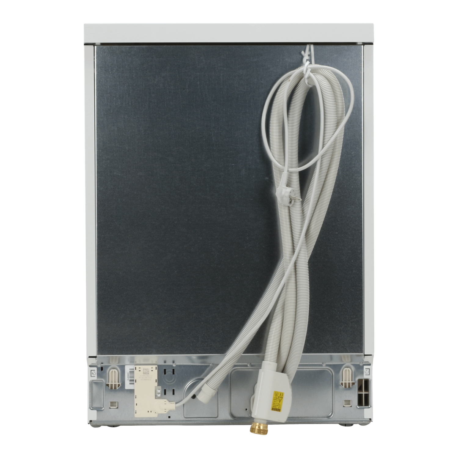 Back of a white dishwasher. Gray metal panel, with attached white hoses and electrical components. White frame.