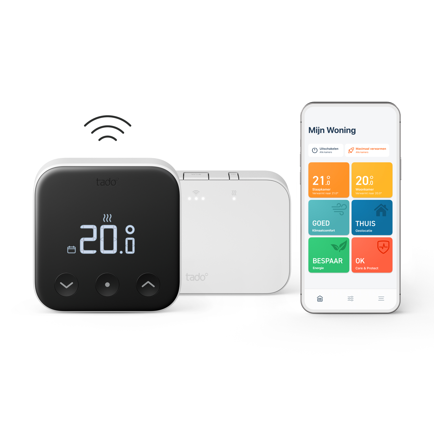 Een slimme thermostaat met een digitaal display met 20,0 graden. Een smartphone toont een app voor verwarmingsregeling.