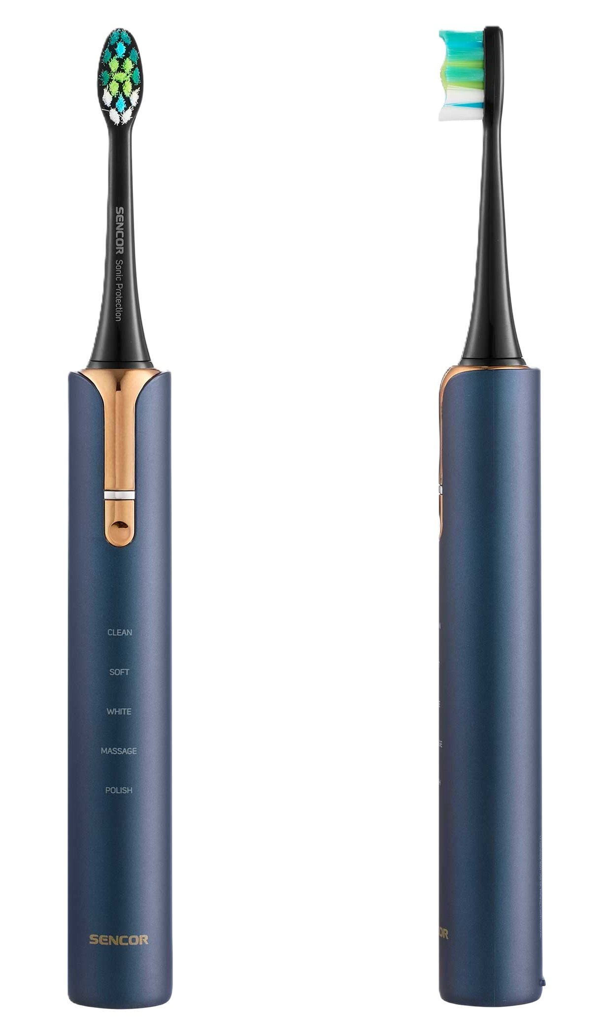 Dwie elektryczne szczoteczki do zębów. Po lewej stronie przód z przyciskami i 'SENCOR'. Po prawej stronie bok szczoteczki.