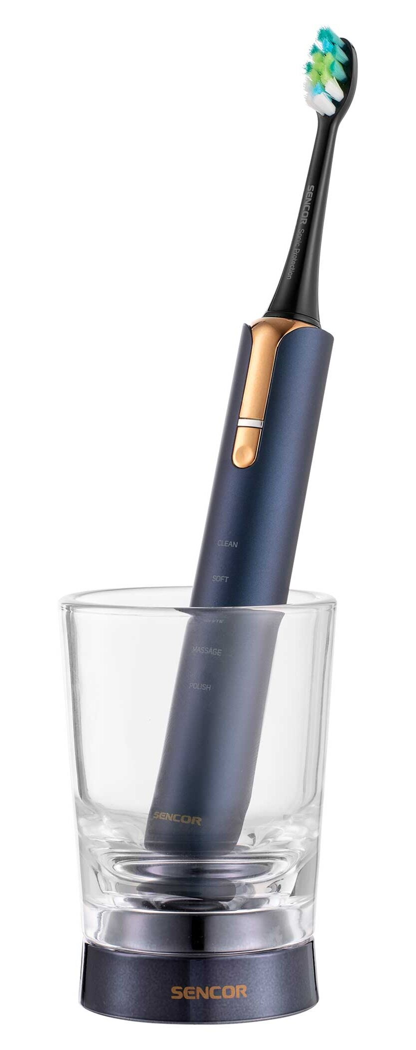 Niebieska elektryczna szczoteczka do zębów w szklance. Główka szczoteczki ma zielone, niebieskie i białe włosie. Podstawa jest również niebieska.