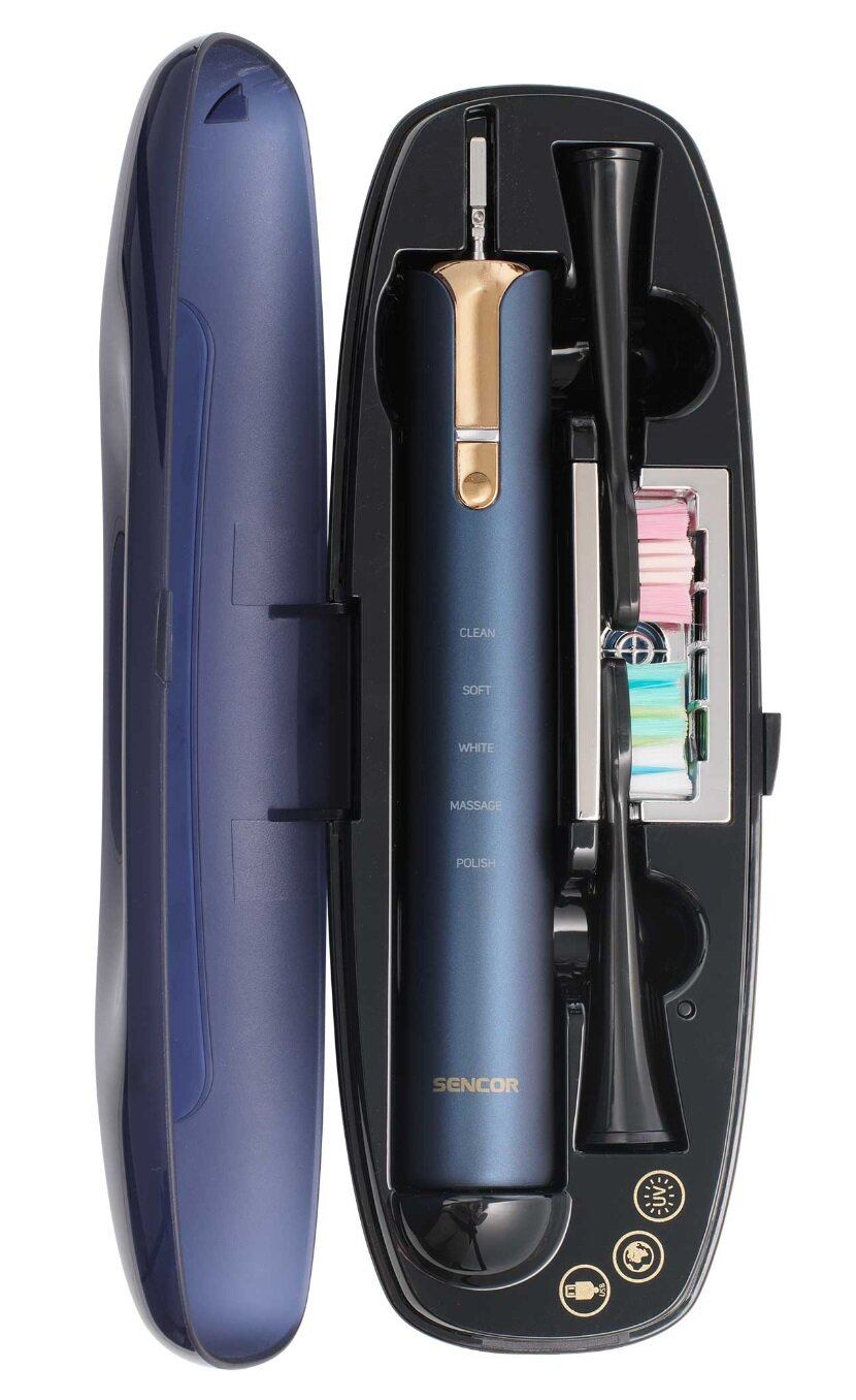 Elektryczna szczoteczka do zębów w etui. Etui i szczoteczka są niebieskie i złote. Zawiera różne końcówki.