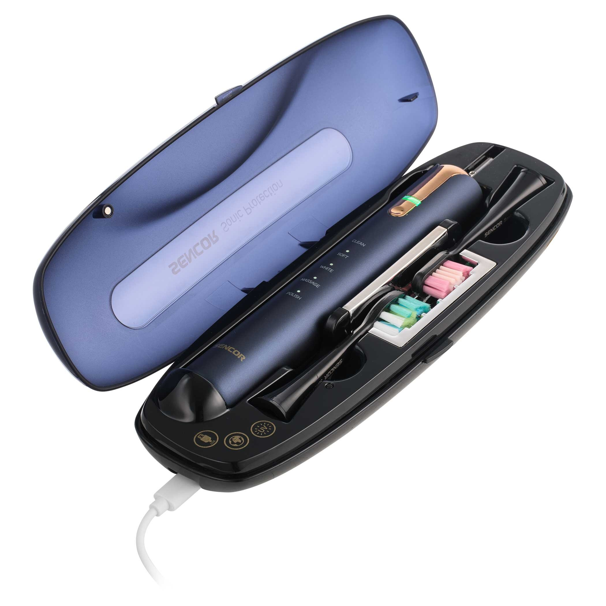 Niebieska elektryczna szczoteczka do zębów SENCOR w etui. Etui jest otwarte, widać szczoteczkę, końcówki i kabel do ładowania.
