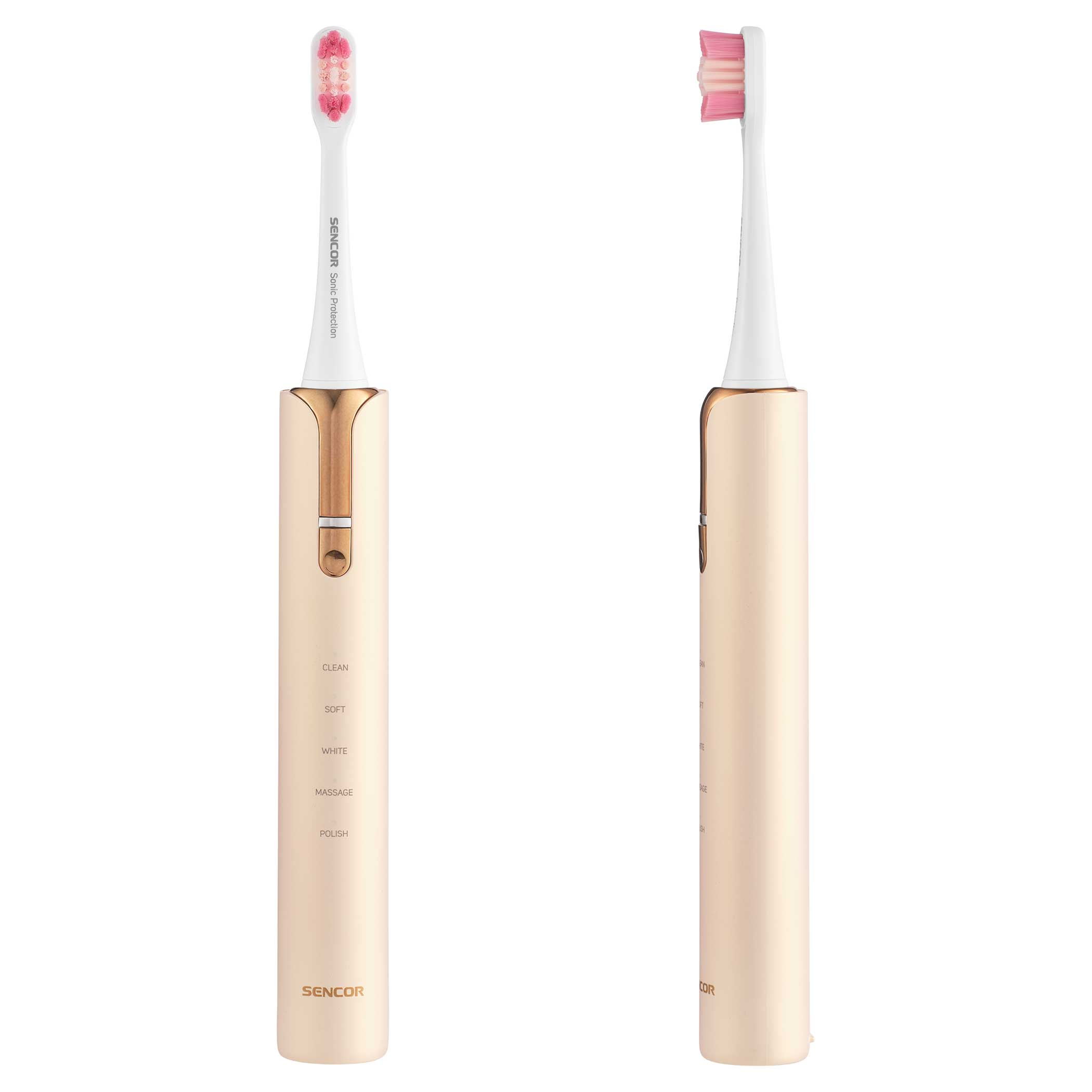 Elektryczna szczoteczka do zębów w dwóch ujęciach. Biała główka z różowym włosiem i złotym uchwytem. Widoczna marka SENCOR.
