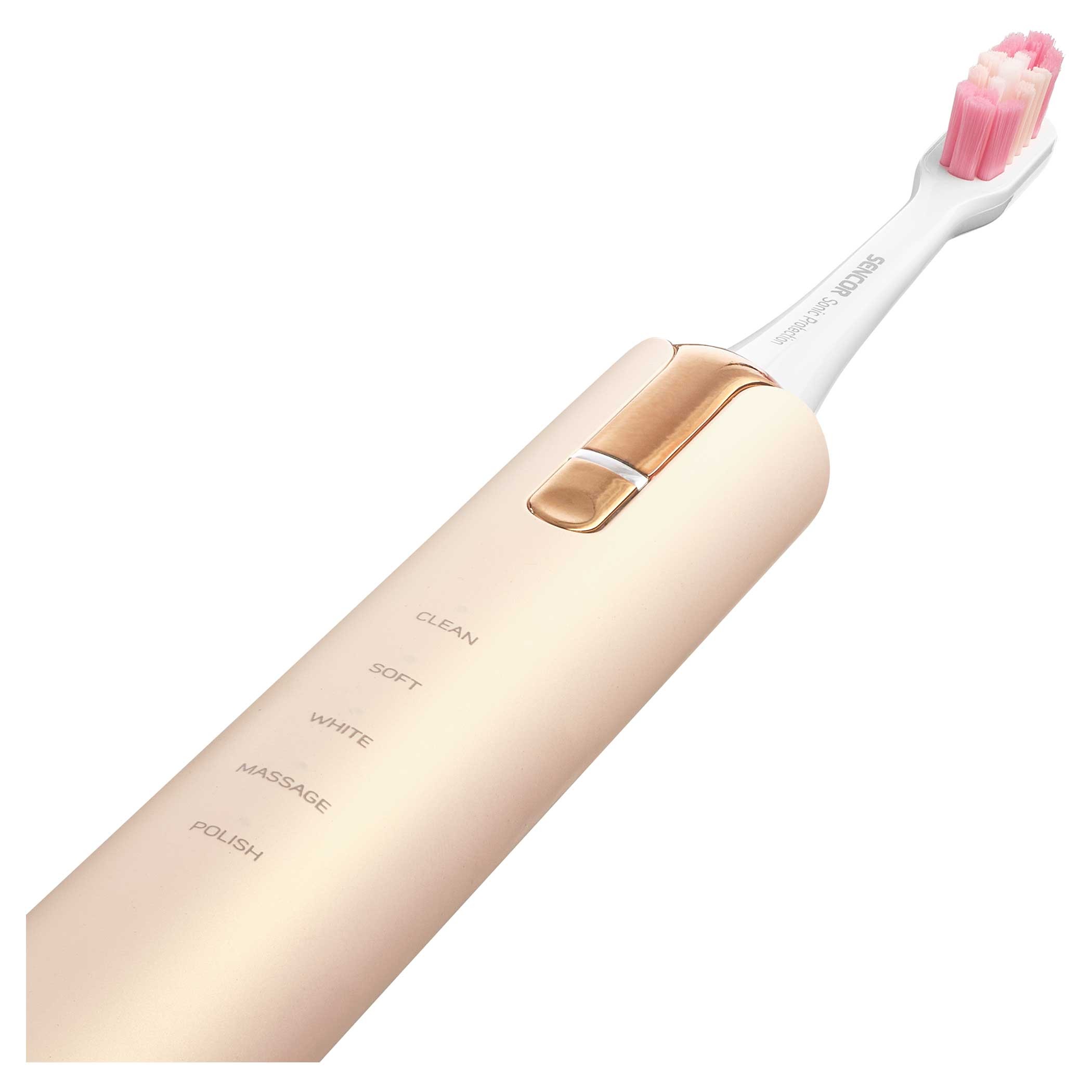 Złota i biała elektryczna szczoteczka do zębów. Główka szczoteczki ma różowe i białe włosie. Uchwyt ma przyciski do różnych trybów.
