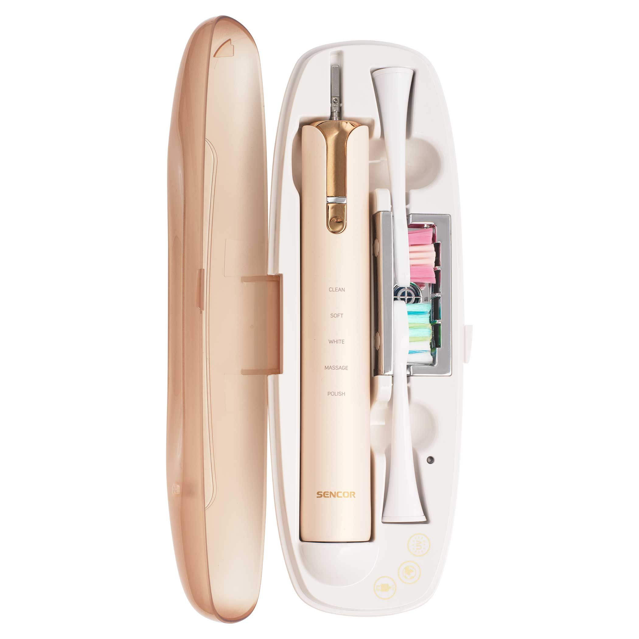 Otwarta obudowa szczoteczki do zębów z beżową szczoteczką elektryczną i główkami. Czyszczenie, miękkie, białe, masaż i polerowanie.