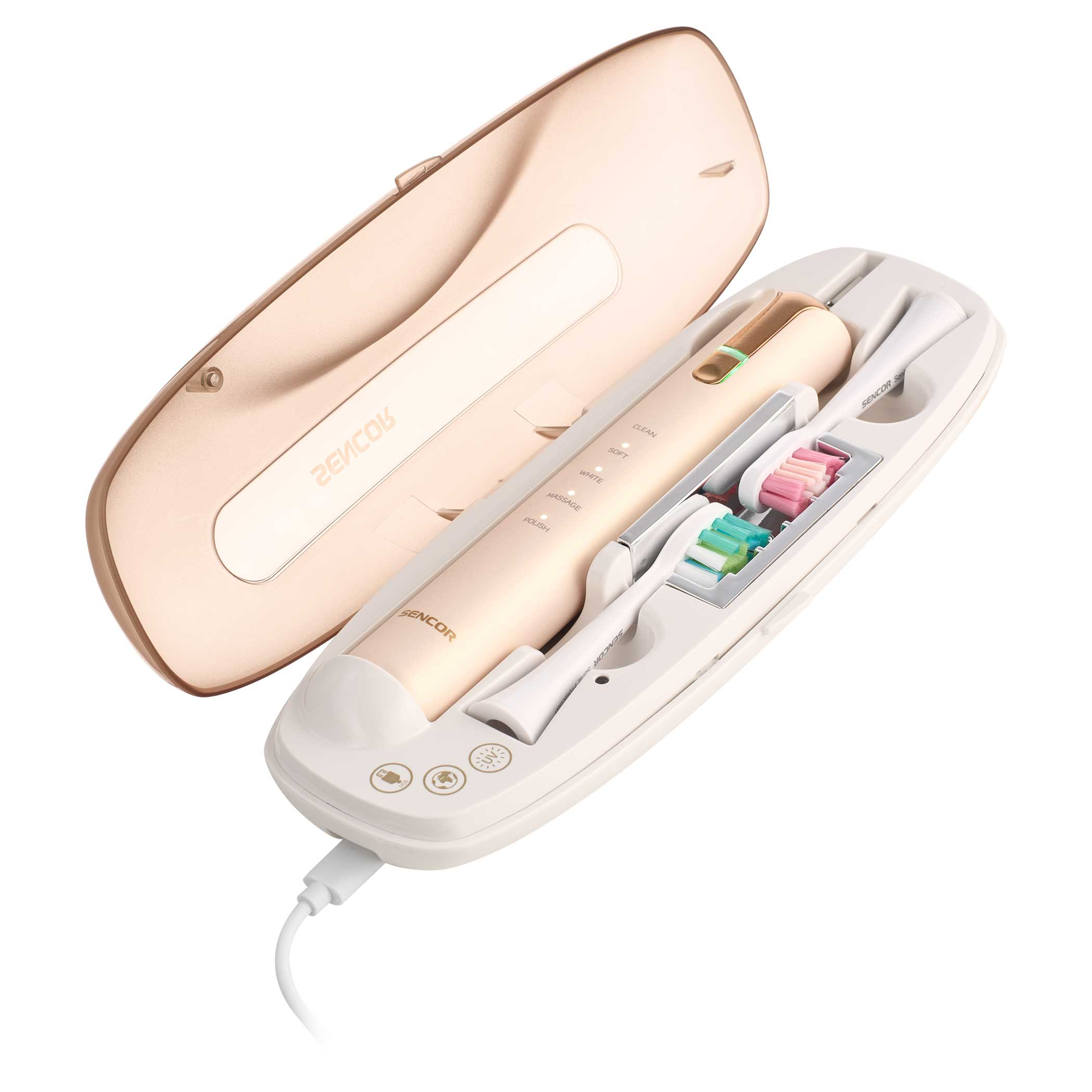 Szczoteczka elektryczna w etui. Zawiera dodatkowe końcówki i ładowarkę. Etui i szczoteczka są jasnego złota.