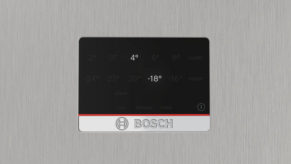 Buzdolabının kontrol paneli sıcaklık ayarlarını gösteriyor. Hem buzdolabı hem de dondurucu için sayılar var, altta Bosch logosu var.