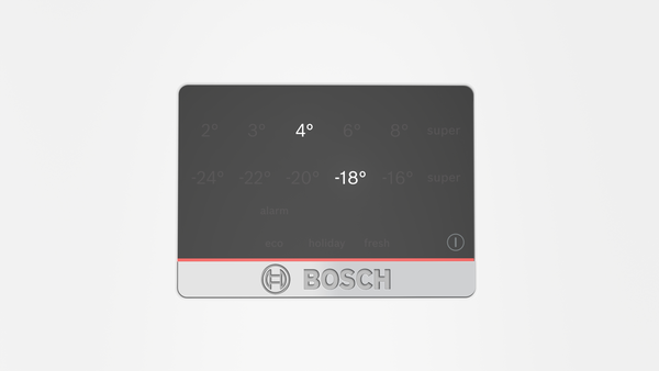 Bir Bosch buzdolabı kontrol paneli sıcaklıkları gösterir. Üst: 4°C, -18°C. Özellikler alarm, eko, tatil ve taze ayarlarını içerir.