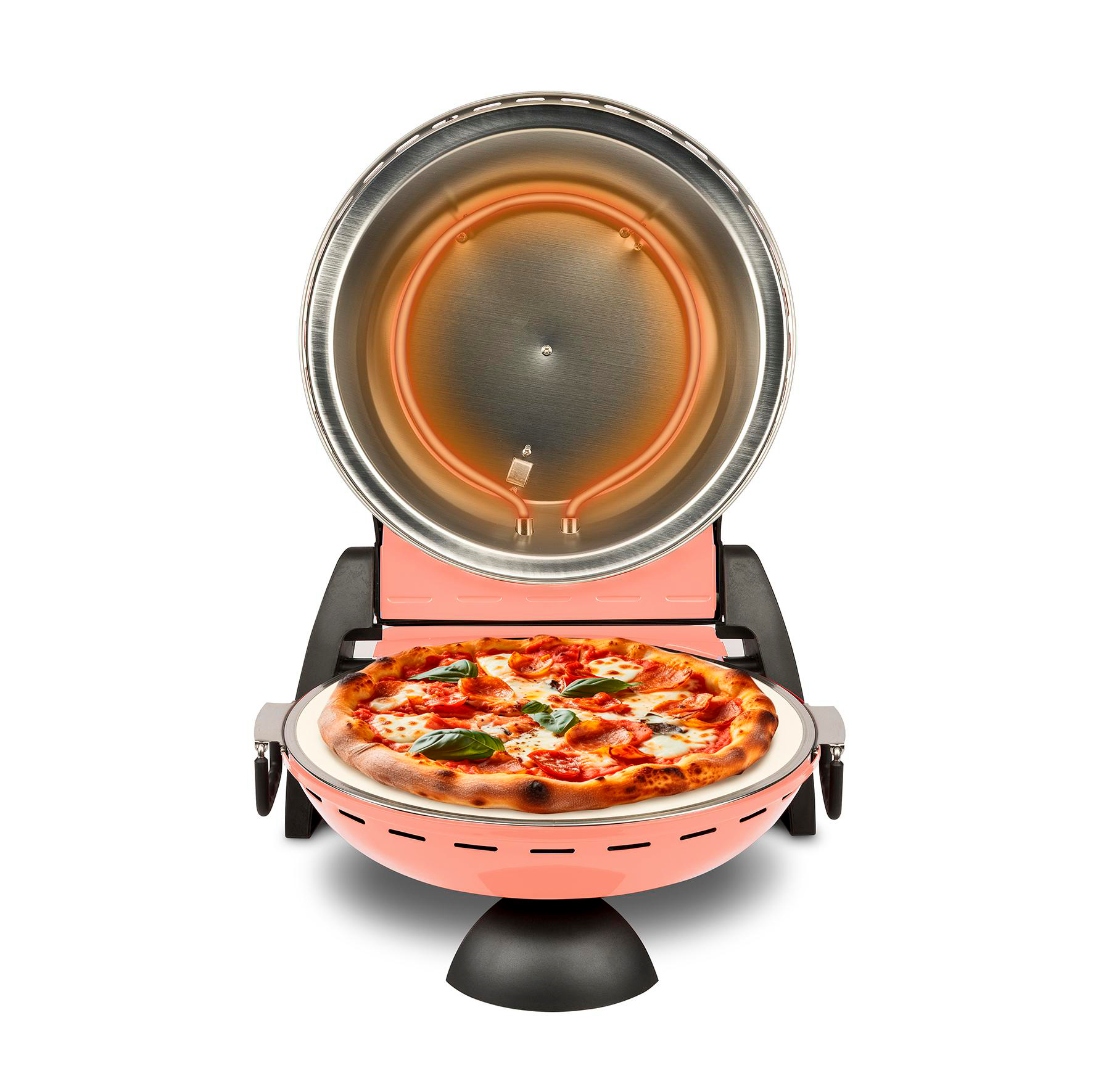 Ein Pizzaofen mit offenem Deckel. Eine Pizza liegt auf einem Steinboden. Der Ofen ist rosa und hat einen schwarzen Sockel.