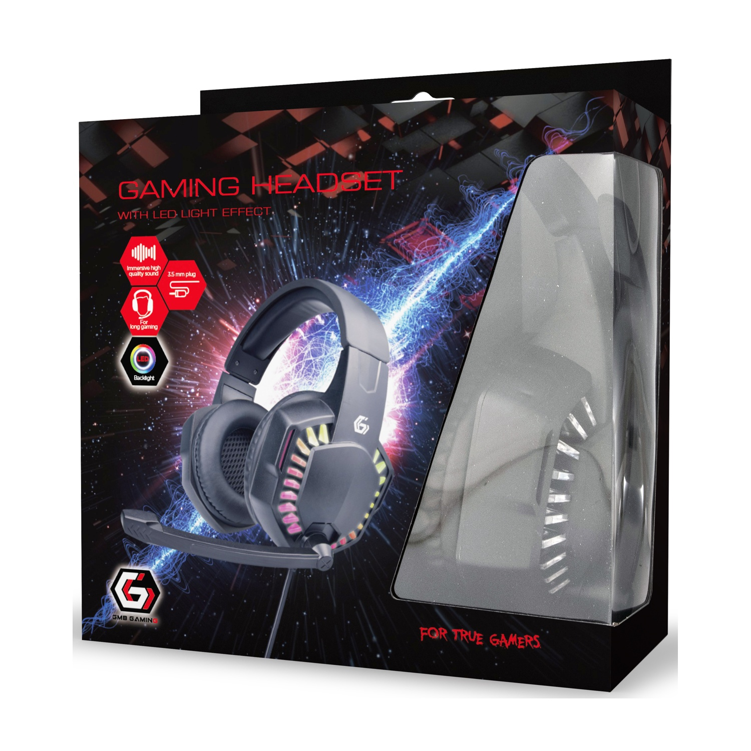 Cuffie da gioco in una scatola. Cuffie nere con luci LED, microfono e logo GMB Gaming. La confezione ha testo e grafica.