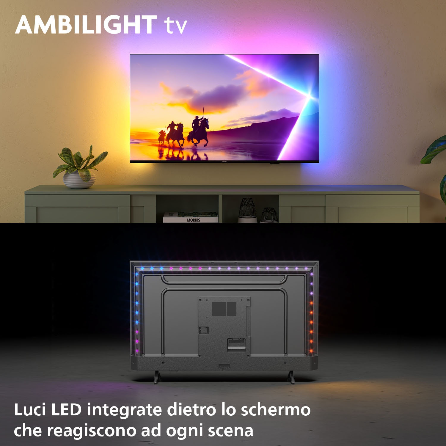 Un televisore mostra una scena di tramonto con cavalieri. Le luci a LED circondano il televisore. L'installazione è su un mobile.