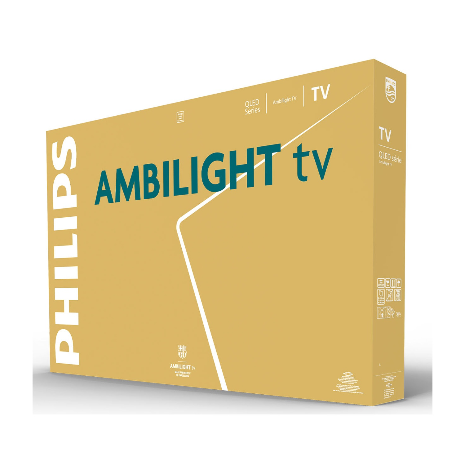 Una grande scatola per una TV Ambilight Philips. La scatola è dorata con testo bianco. Loghi, dettagli TV e un logo di partnership con l'FC Barcelona sono visibili.