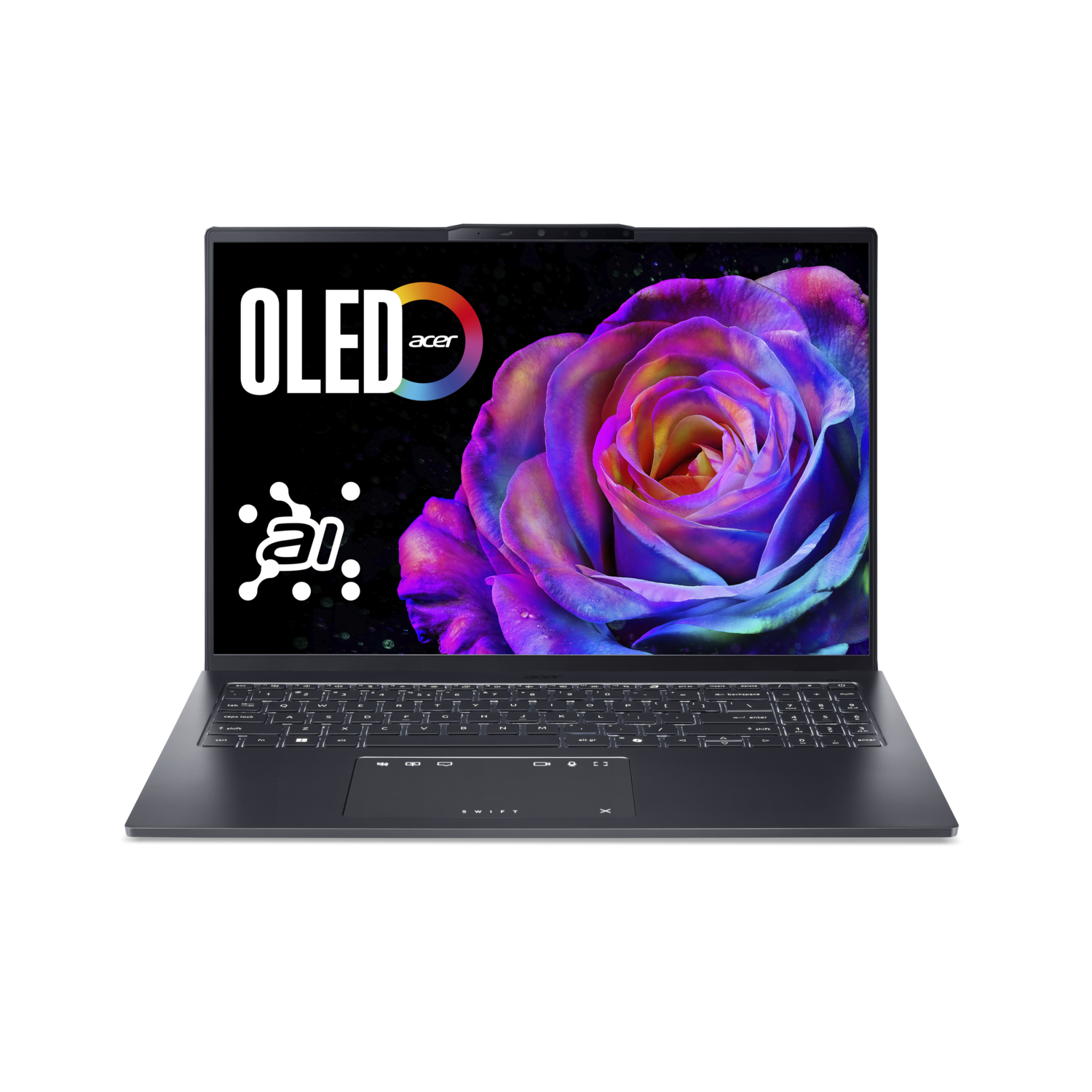 Een laptop toont een kleurrijke roos op het scherm. Het scherm zegt OLED en Acer. De laptop staat op een zwarte achtergrond.