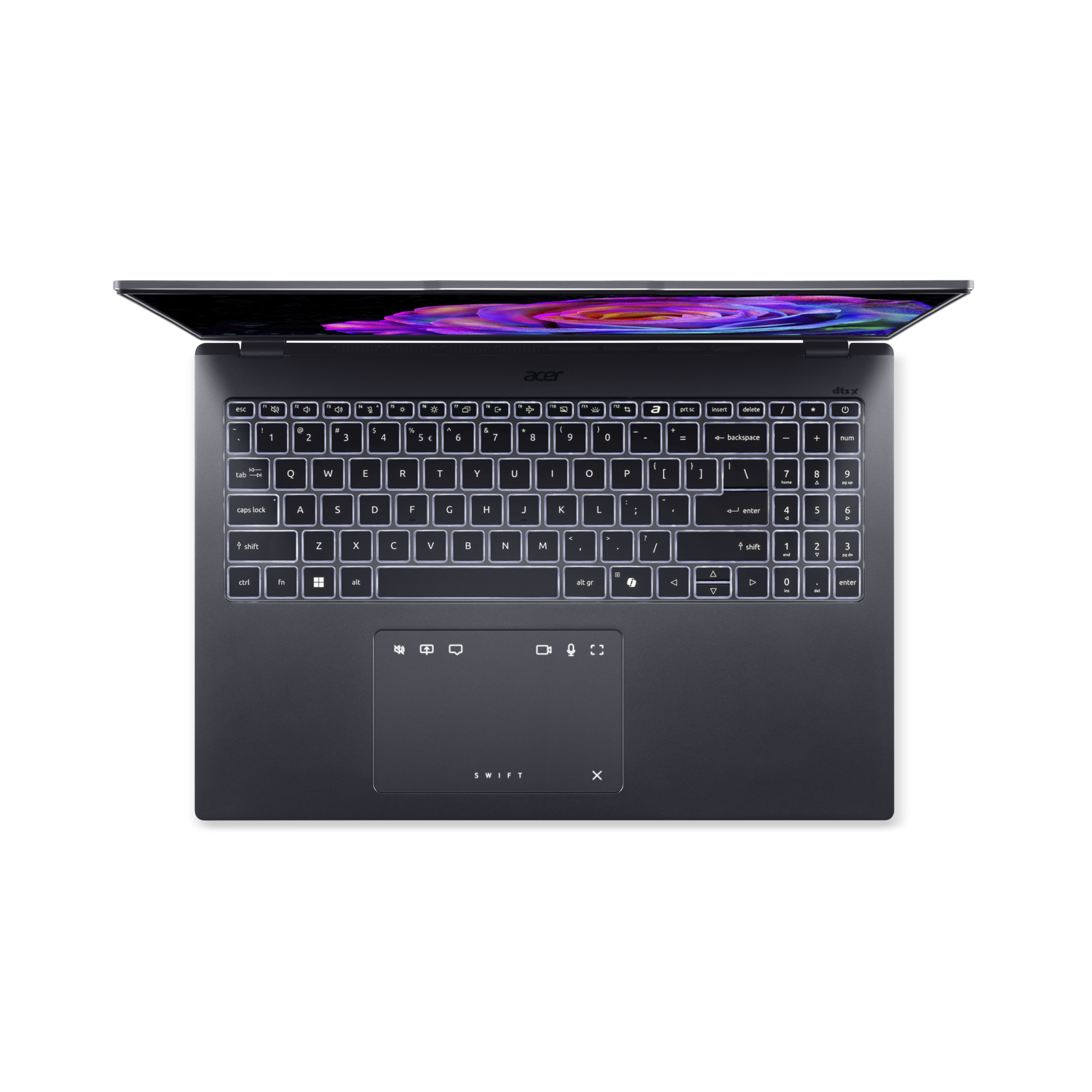 A top-down view of a laptop with an open screen, showing the keyboard and touchpad. The screen displays a colorful pattern.