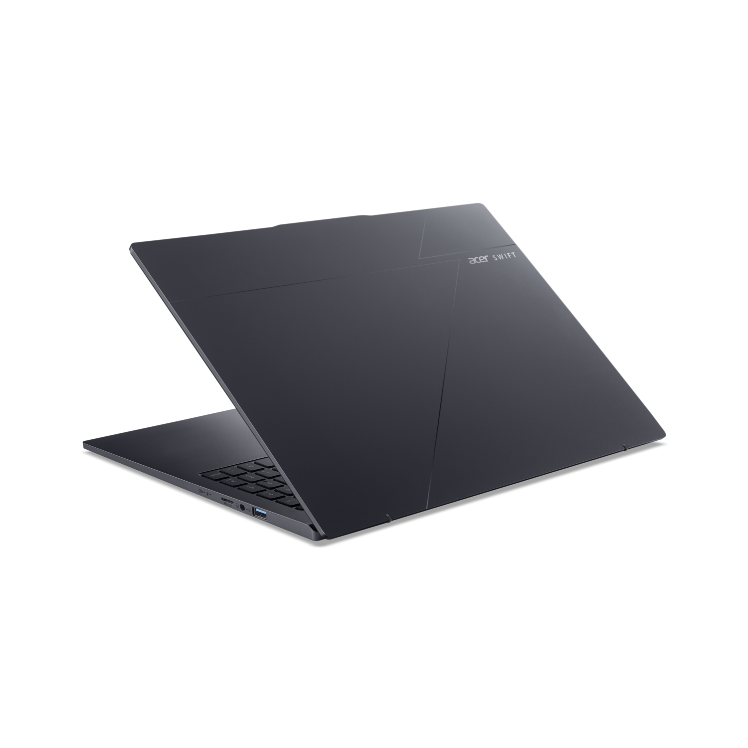 A dark gray laptop is open, showing the keyboard and ports. The Acer Swift logo is visible on the lid against a black background.