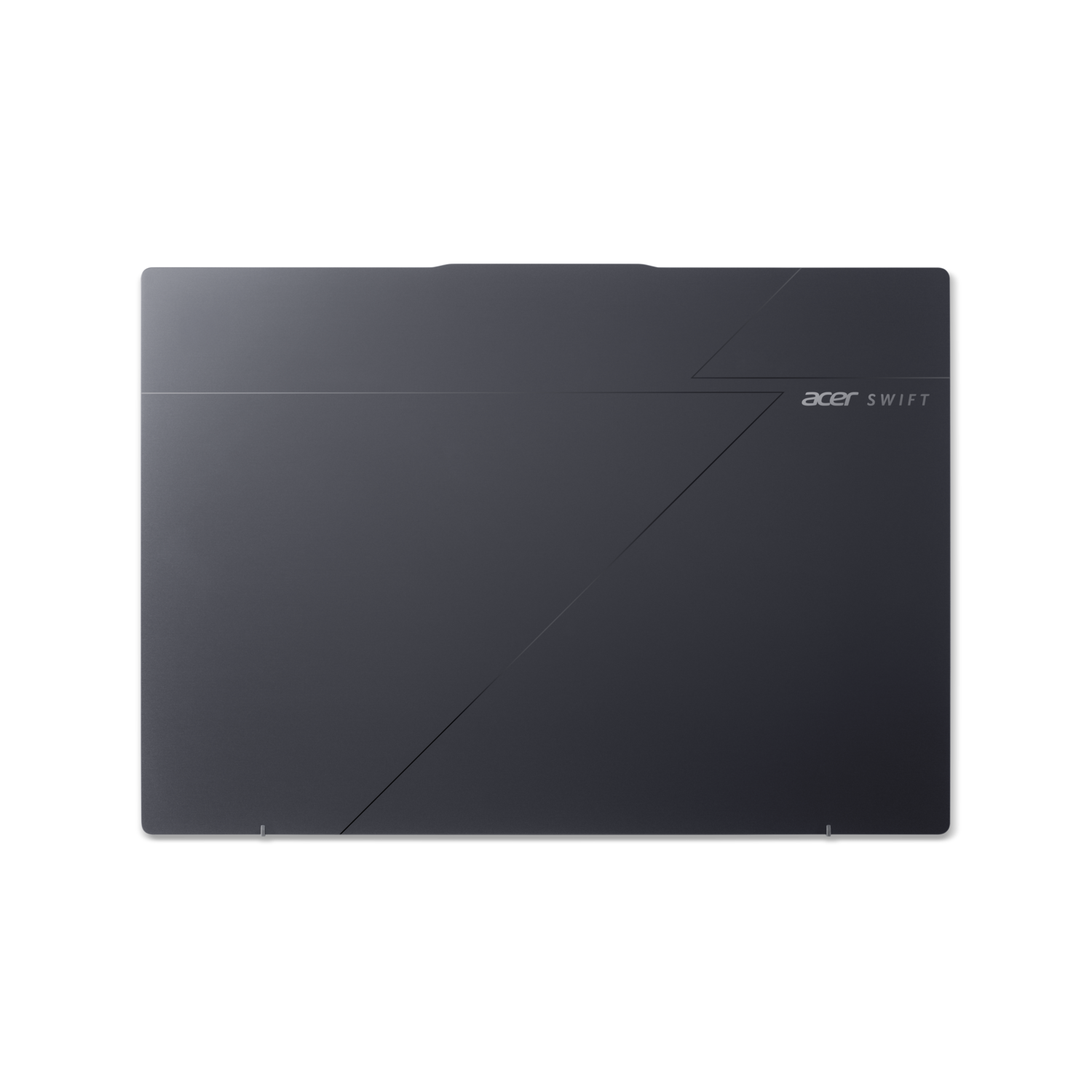 Dark grey laptop lid against black background. Acer Swift logo on the right side. Diagonal lines across the lid.