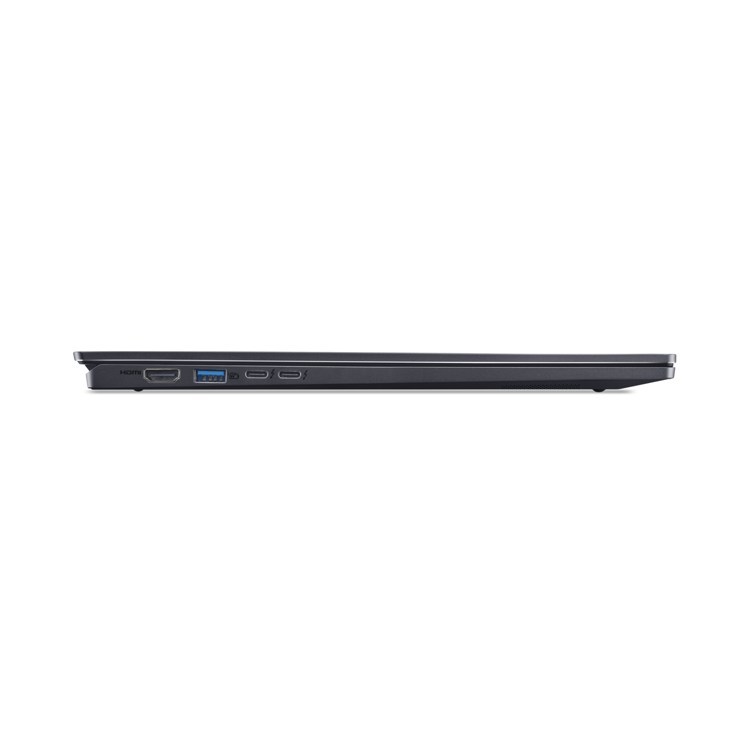 Side view of a dark gray laptop. Visible ports include HDMI, USB, and charging ports. The background is solid black.