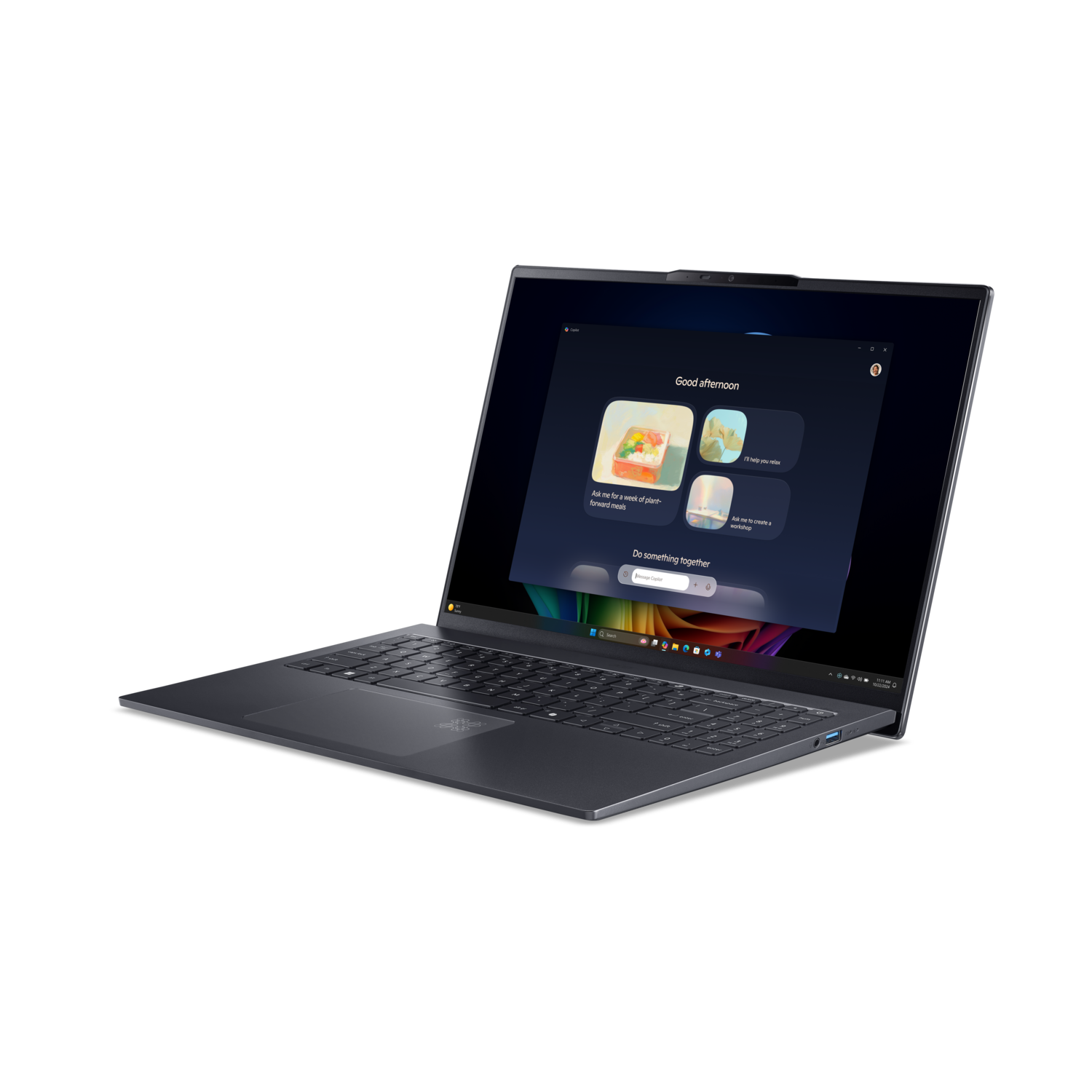 Laptop op zwarte achtergrond, toont 'Goede middag'-bericht met opties voor plantaardige maaltijden, ontspanning en workshops.