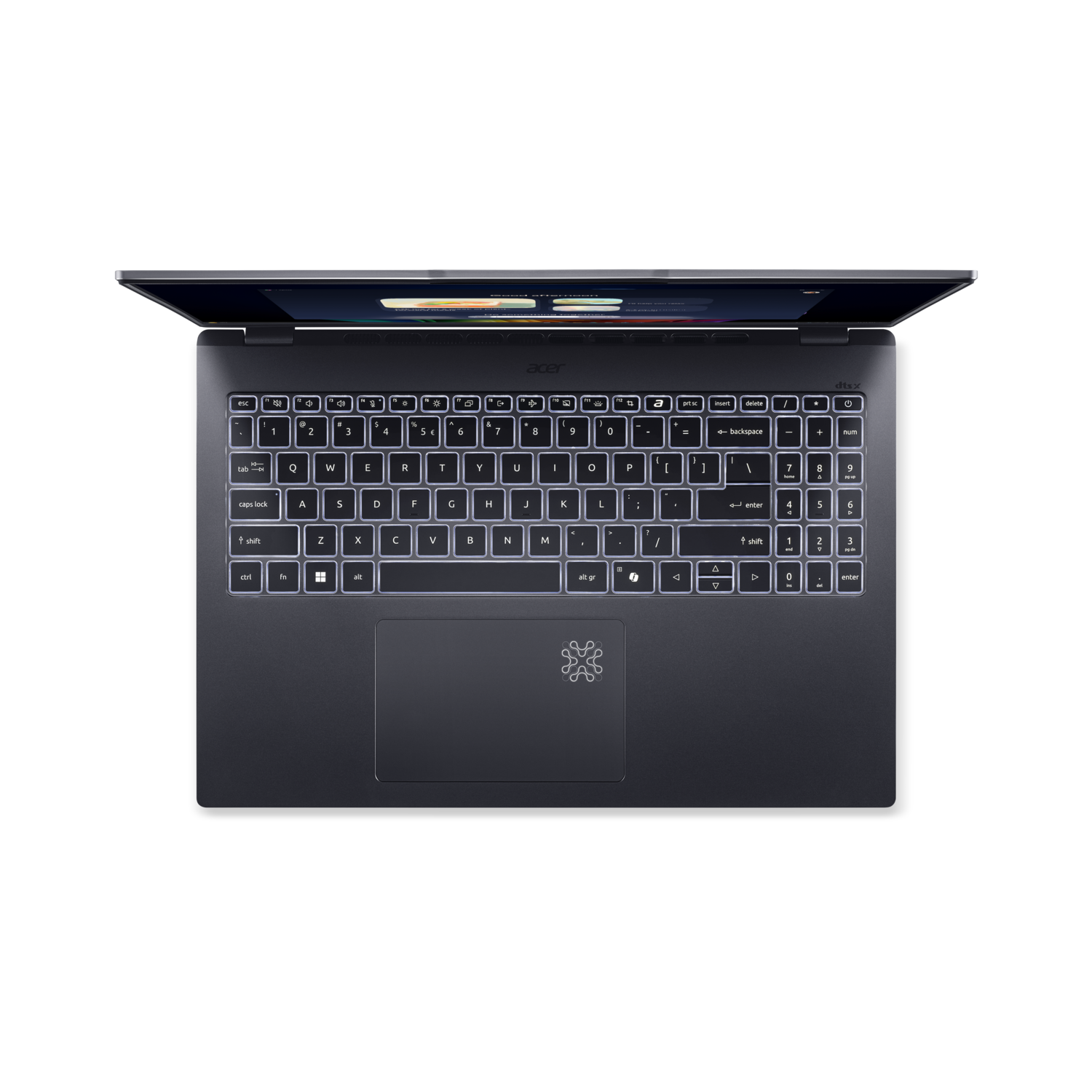 Bovenaanzicht van een opengeklapte laptop op zwarte achtergrond. Verlicht toetsenbord, touchpad en scherm met interface.