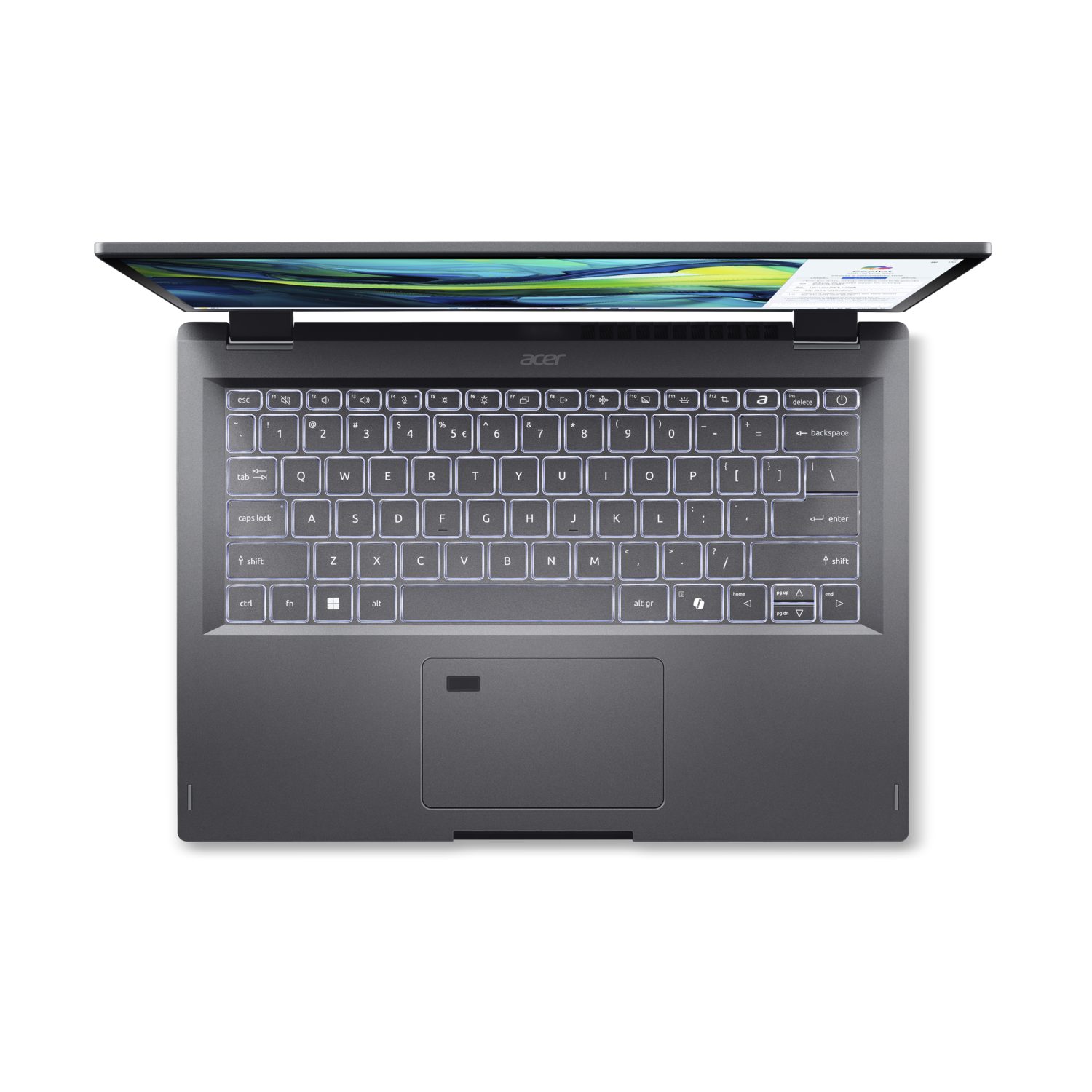 Bovenaanzicht van een grijze Acer laptop met verlicht toetsenbord. Scherm iets open, met een website. Zwarte achtergrond.