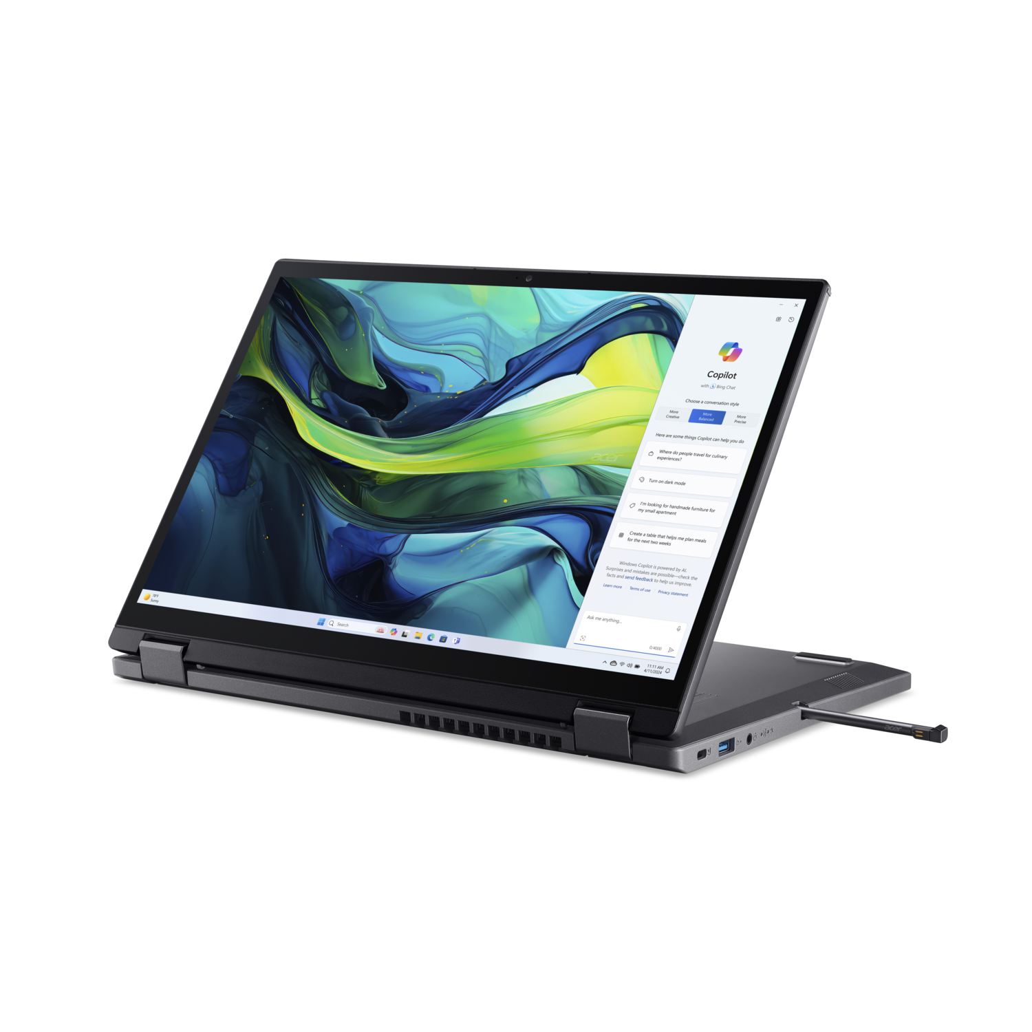 Een zwarte laptop is open, met een chatvenster. Het scherm toont abstracte kunst met groene en blauwe tinten, op een zwarte achtergrond.