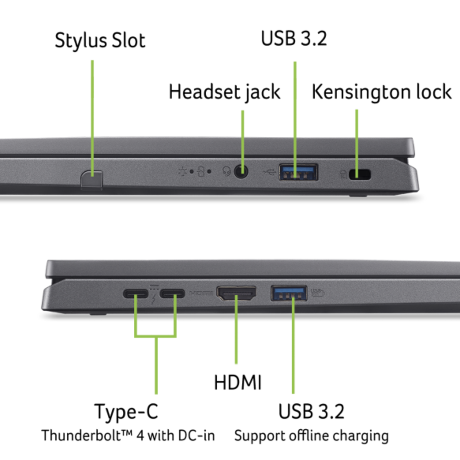 Zijprofiel van een laptop met diverse poorten: USB, HDMI, audio-aansluiting en oplaadpoorten. Grijze metalen behuizing op een zwarte achtergrond.