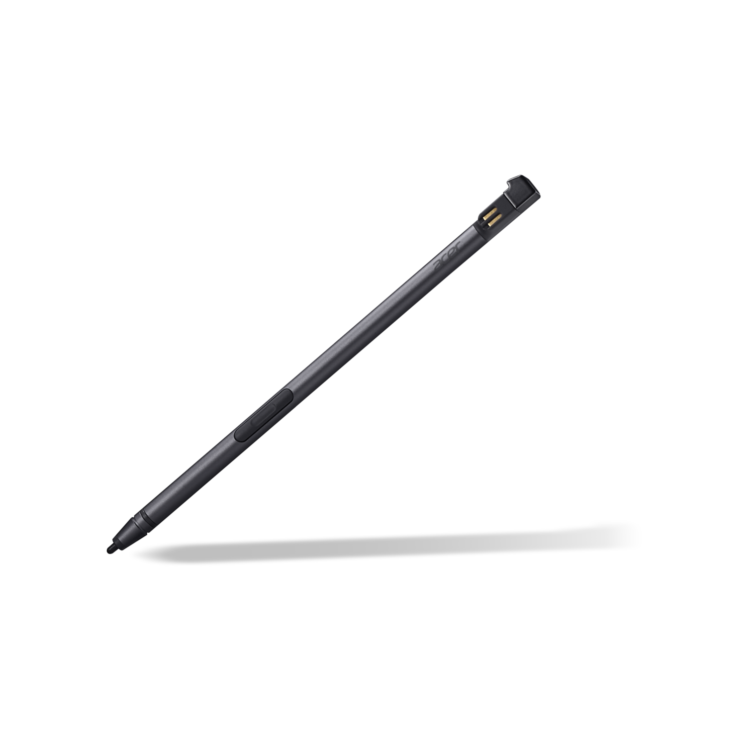 Donkergrijze styluspen tegen een zwarte achtergrond. De pen heeft een Acer-logo, punt en dop.