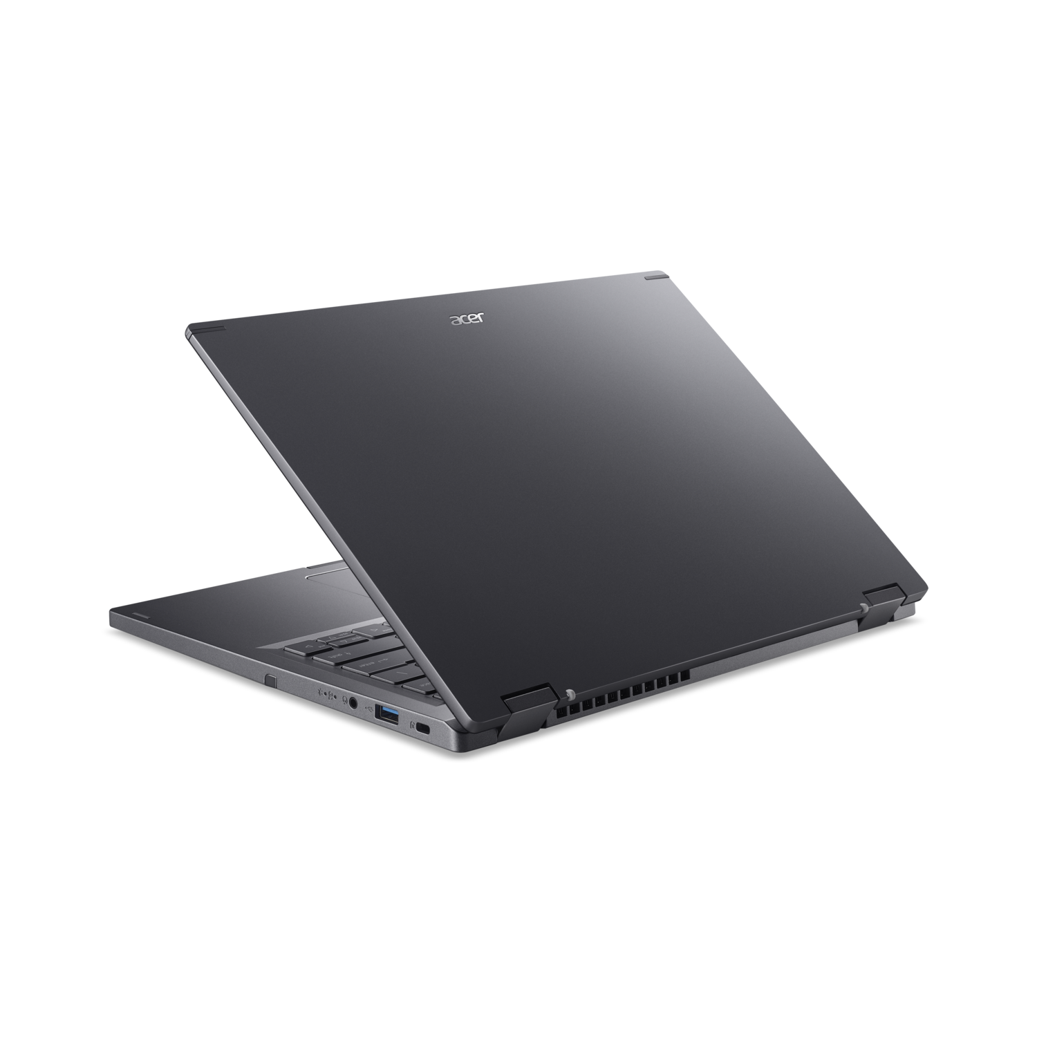 Een donkergrijze Acer-laptop staat open op een zwarte achtergrond. Het scherm is gedeeltelijk open en toont het toetsenbord en de touchpad.