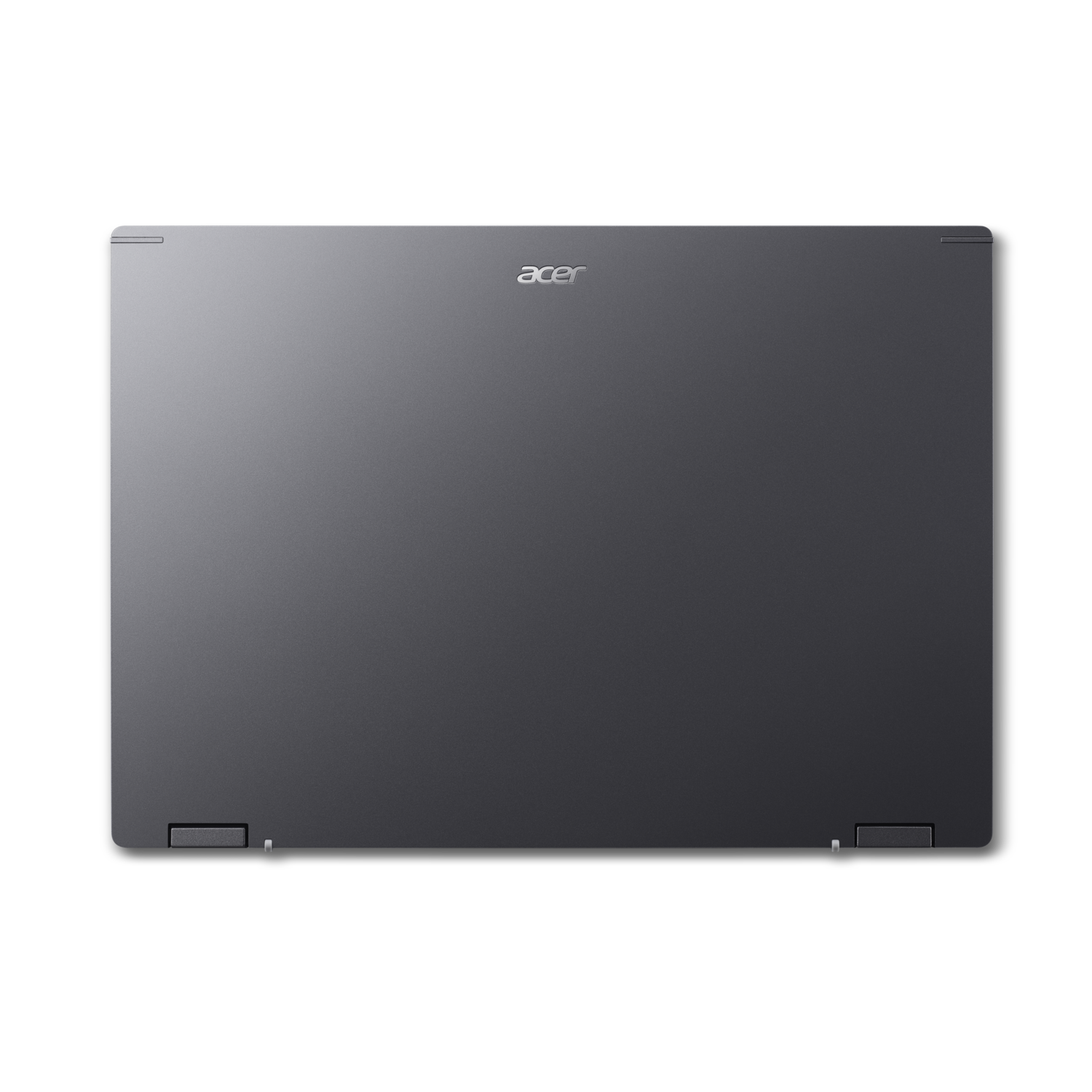 Een gesloten, donkergrijze Acer-laptop staat gecentreerd tegen een zwarte achtergrond. Het Acer-logo is zichtbaar.