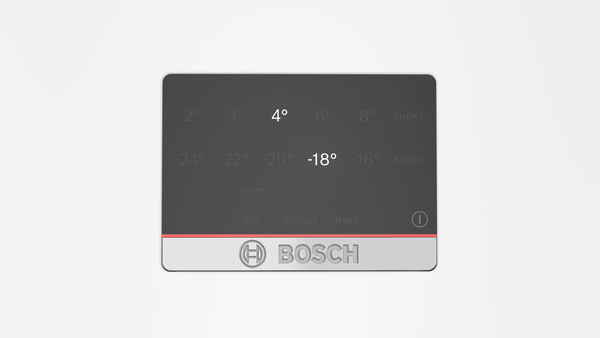 Dijital bir ekran, 4°C ve -18°C vurgulanmış sıcaklıkları gösteriyor. Bosch logosu altta, arka plan beyaz.
