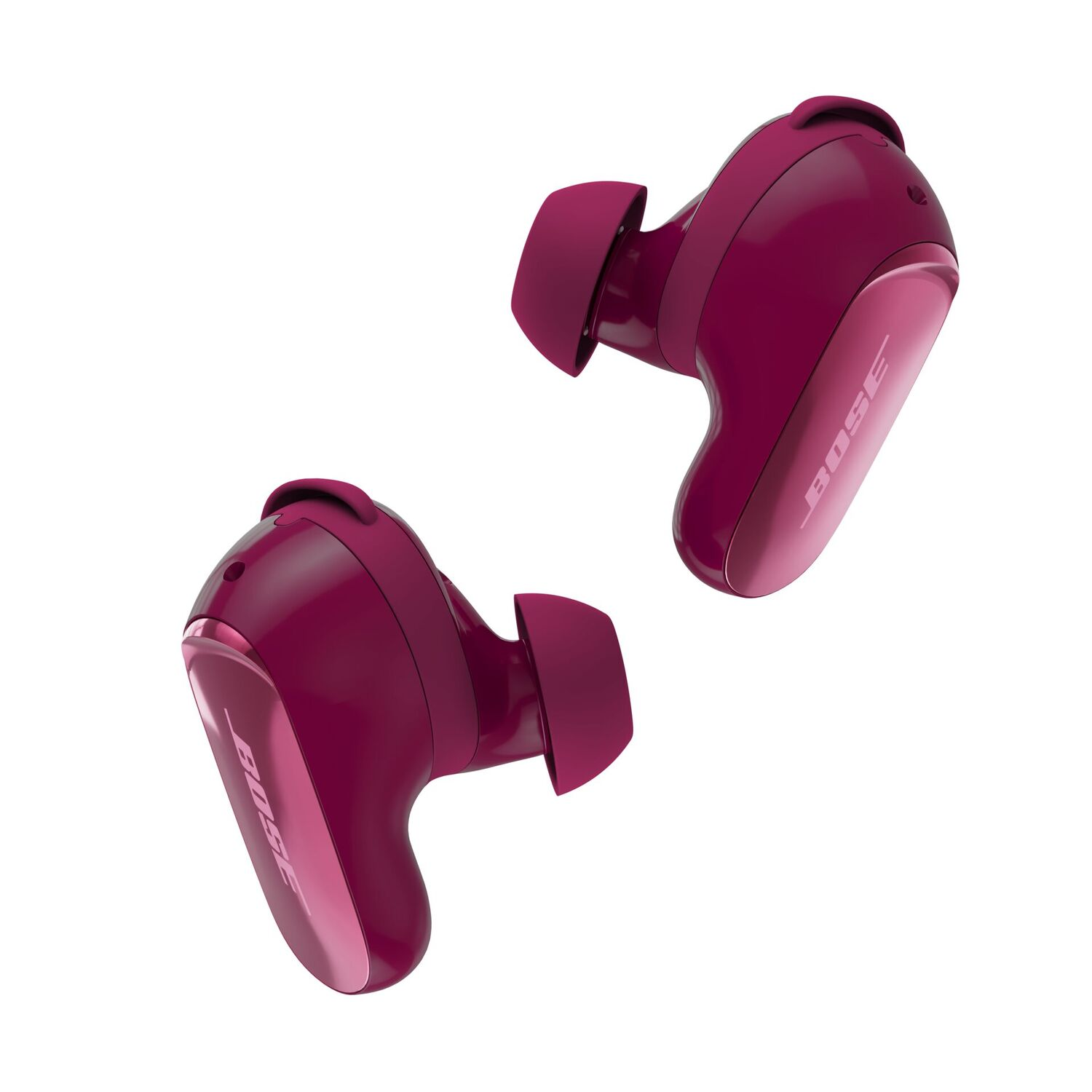 Two maroon Bose wireless earbuds on a white background. Each earbud has a curved design and ear tip. The Bose logo is visible.