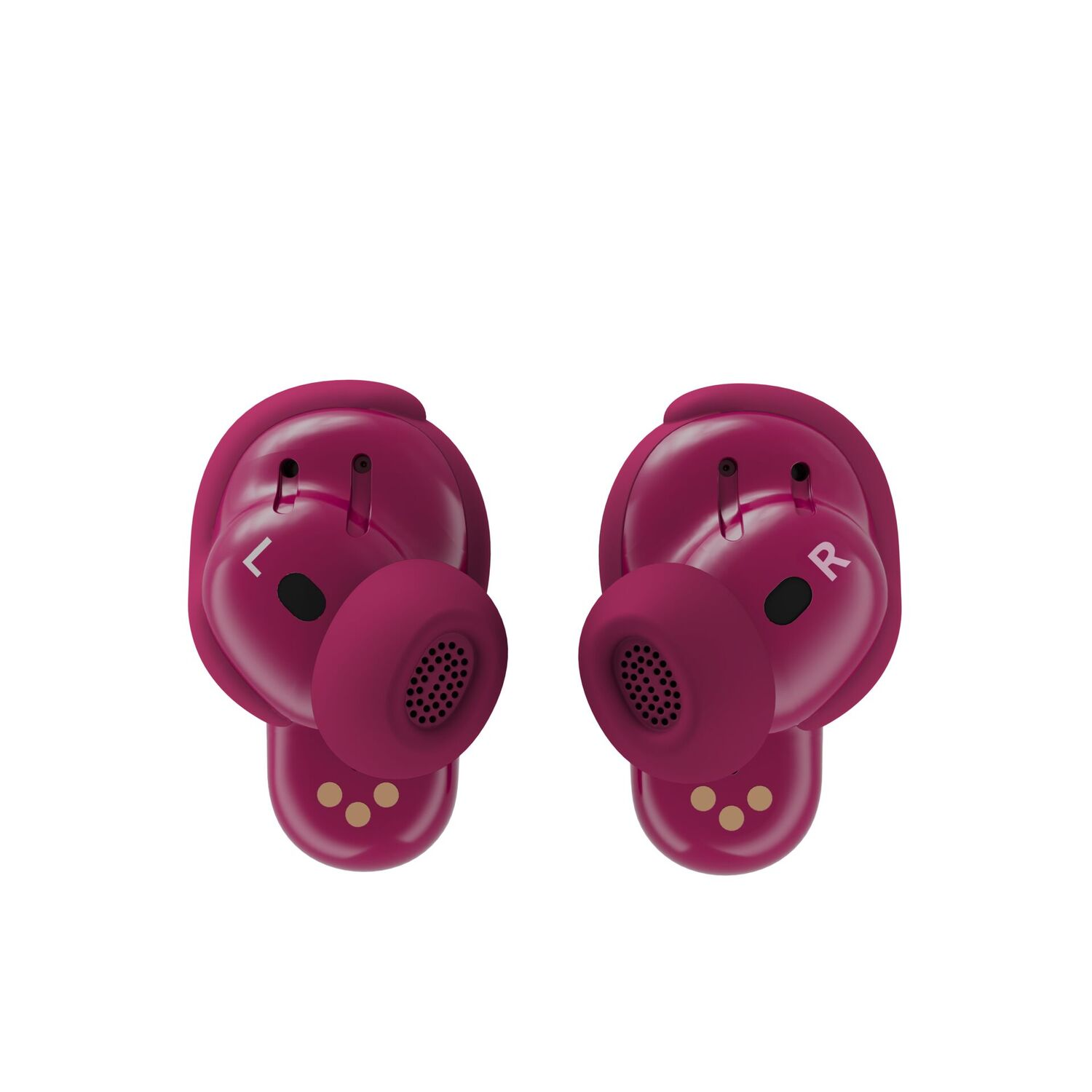 Two maroon wireless earbuds, labeled 'L' and 'R', on a white background. Each has a speaker, and three gold dots.