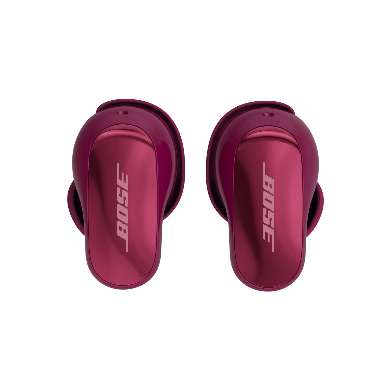 Two magenta Bose earbuds on white background. The brand name is visible on each earbud.