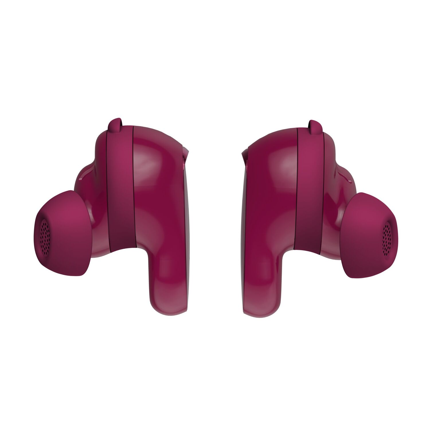 Two maroon wireless earbuds, angled towards each other, on a white background. Each earbud has a rounded shape and a small speaker.