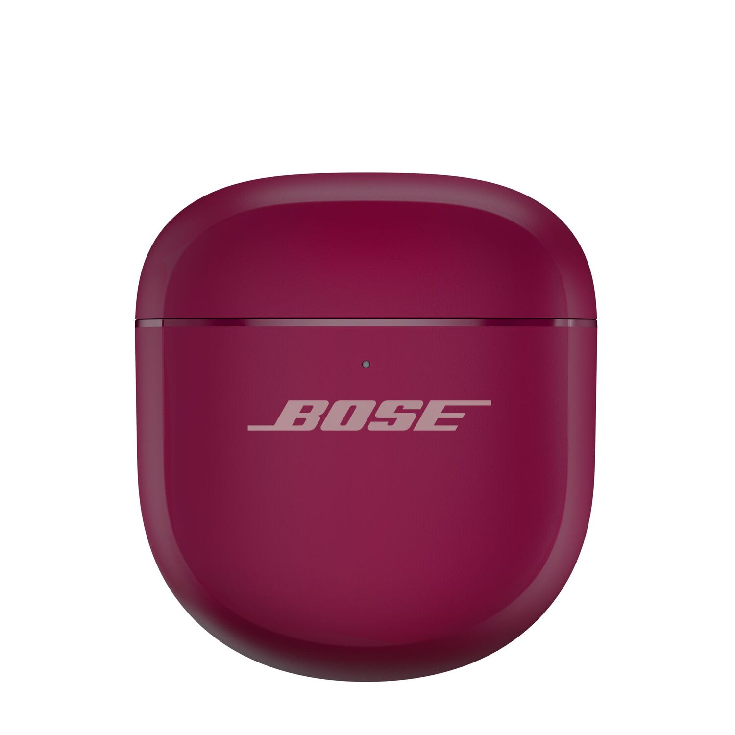 A burgundy Bose earbud charging case is centered. The Bose logo is in white. The background is white.