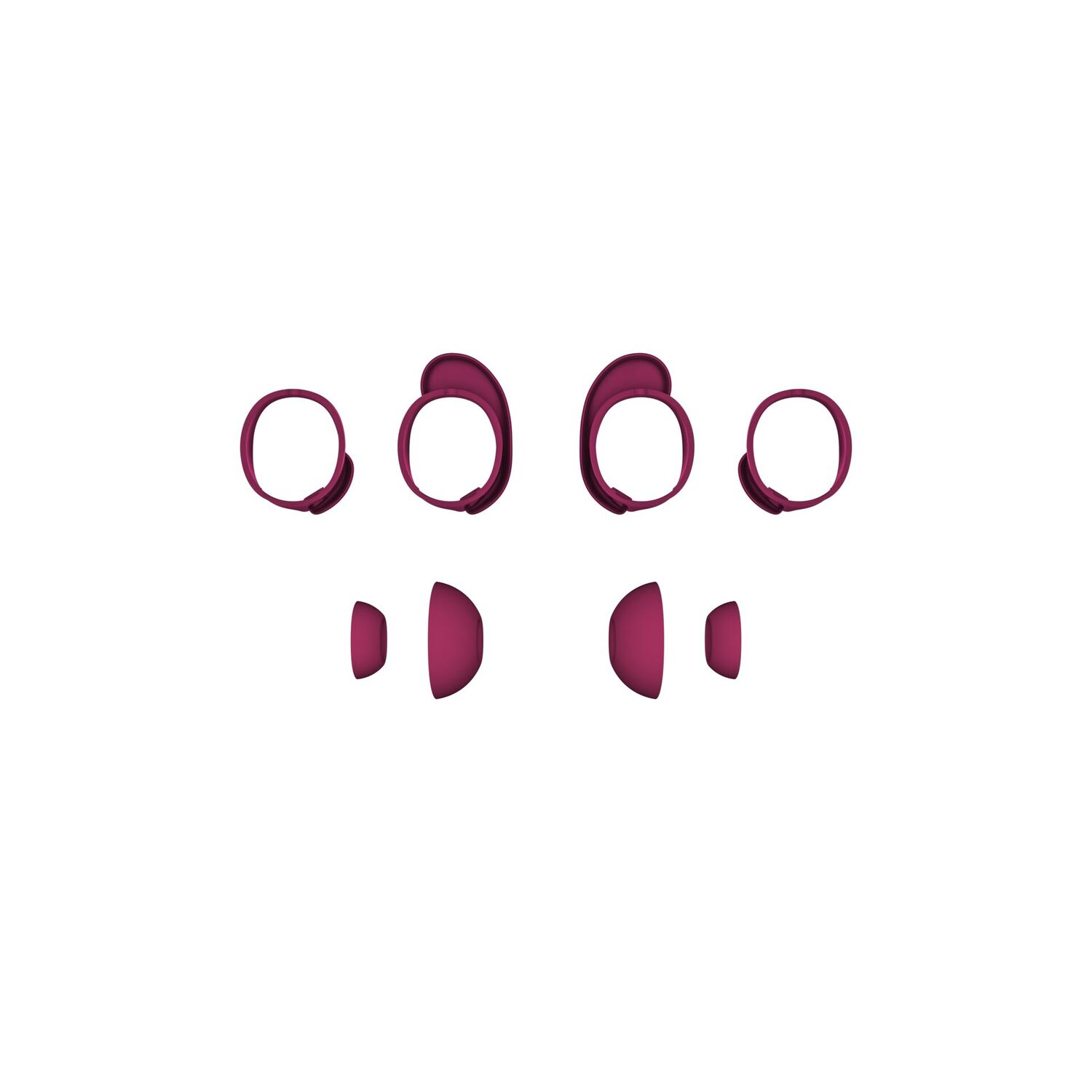 A white background with eight maroon earbud accessories. Four ear hooks and four ear tips are arranged in two rows.