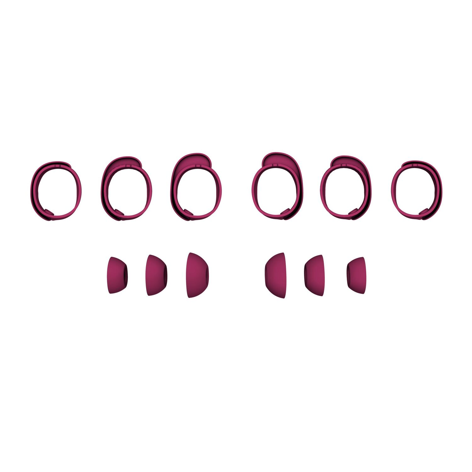Six maroon-colored headbands and six matching earbud tips are arranged against a white background, showcasing their design.